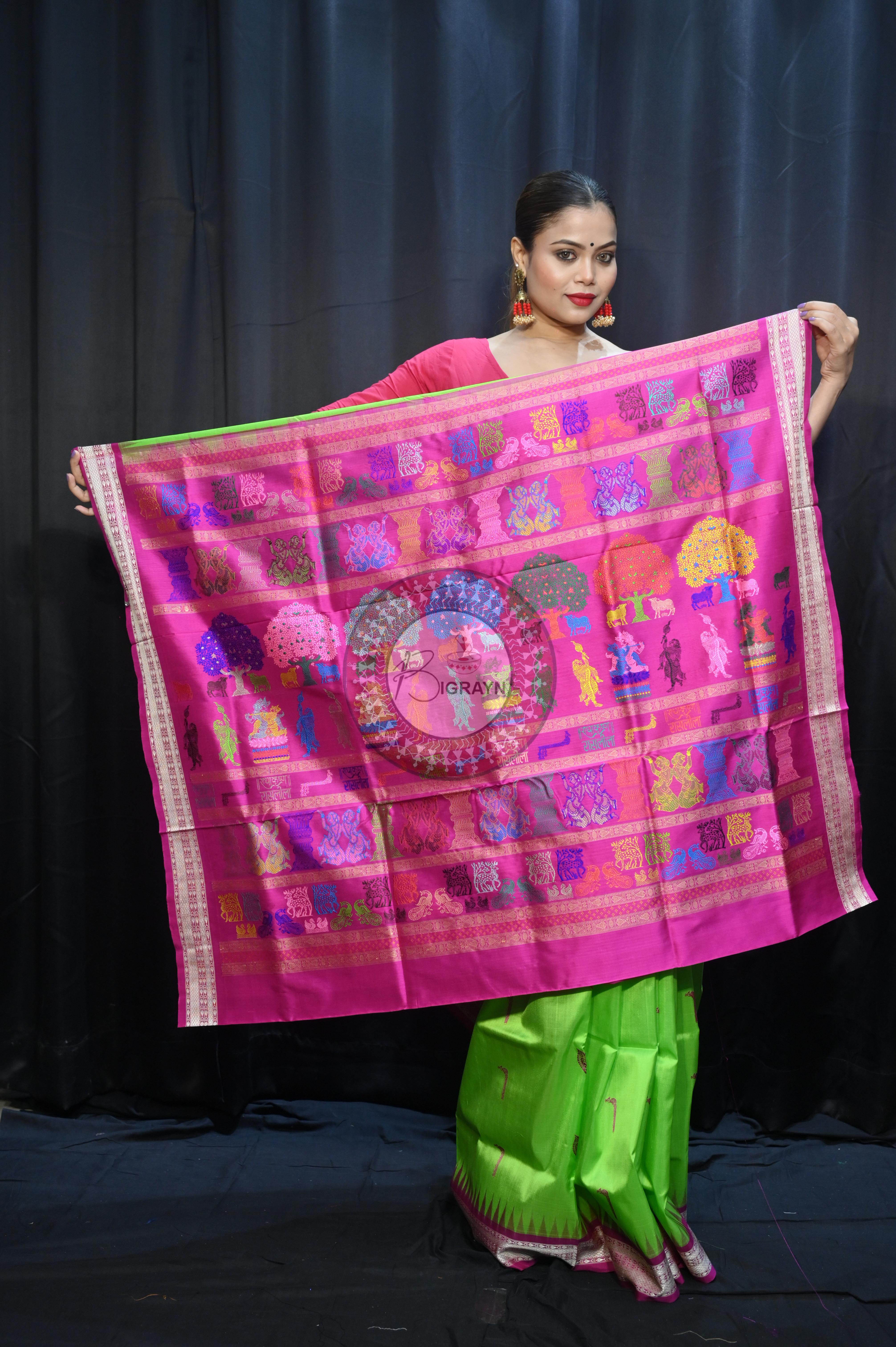 Parrot  Green Magenta Rasleela Exclusive Sambalpuri Silk Saree