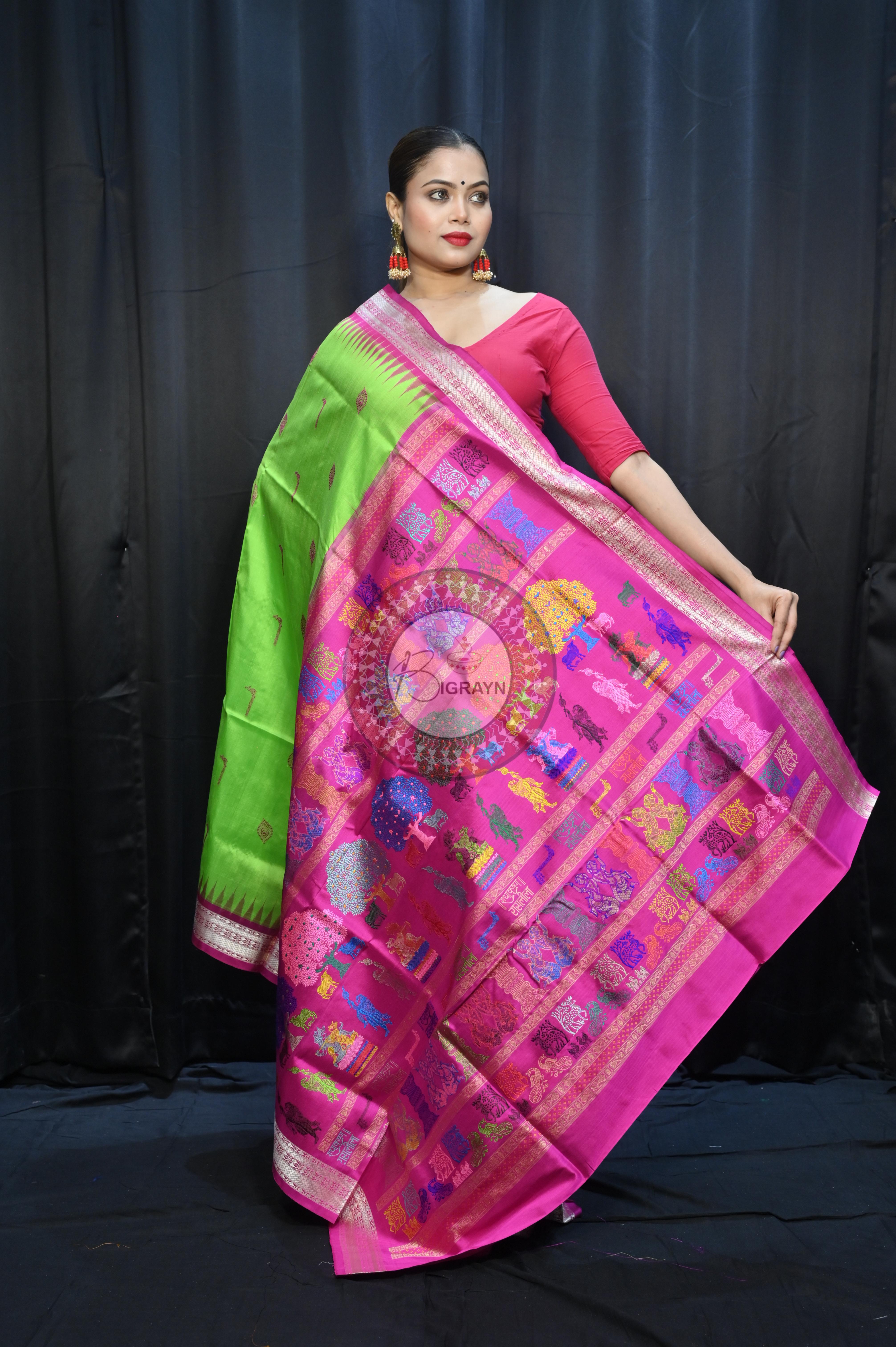 Parrot  Green Magenta Rasleela Exclusive Sambalpuri Silk Saree
