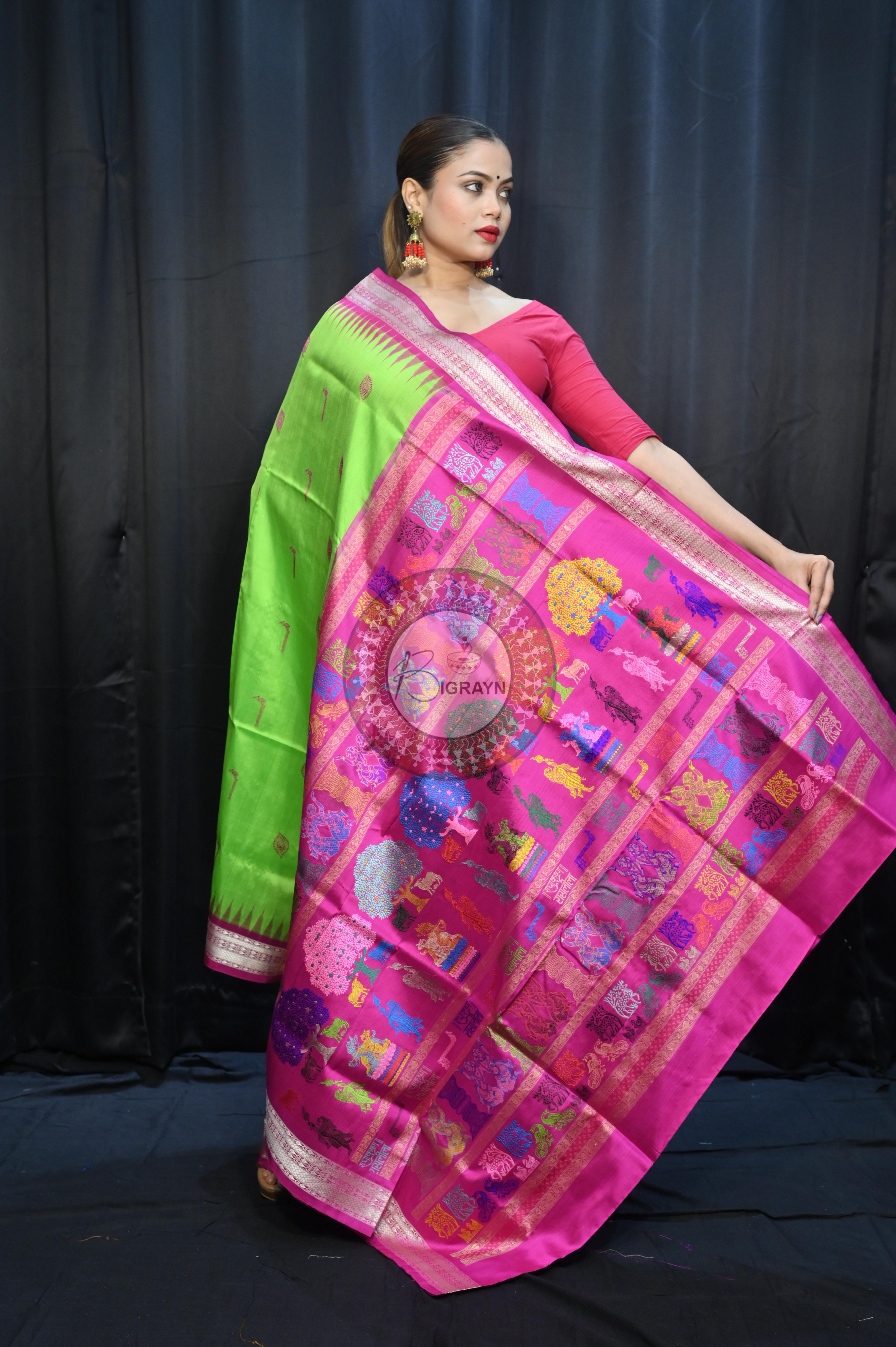 Parrot  Green Magenta Rasleela Exclusive Sambalpuri Silk Saree