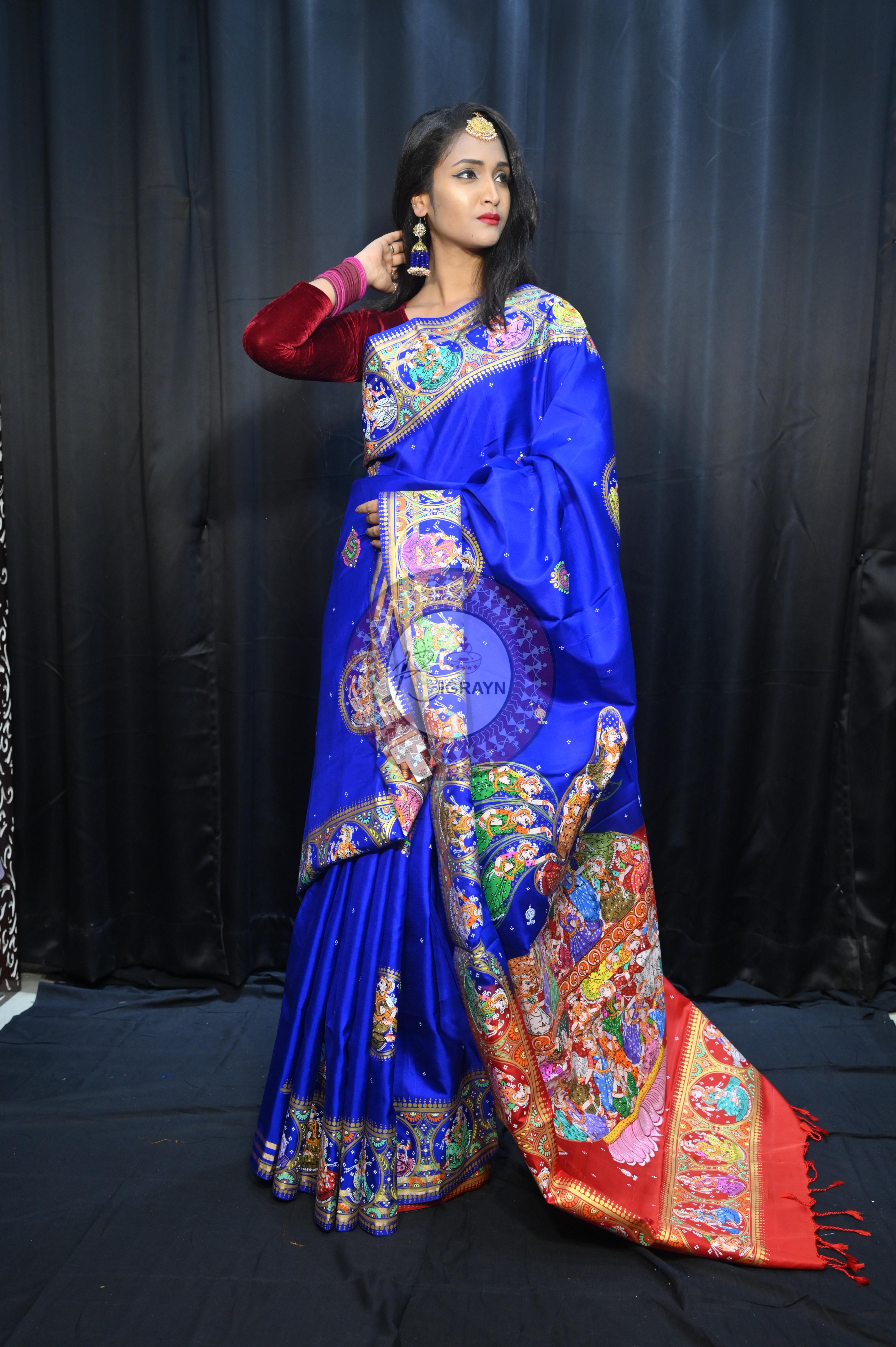 Blue Red Kandarp Kalashi Theme Pattachitra Kanjeeveram Silk Saree