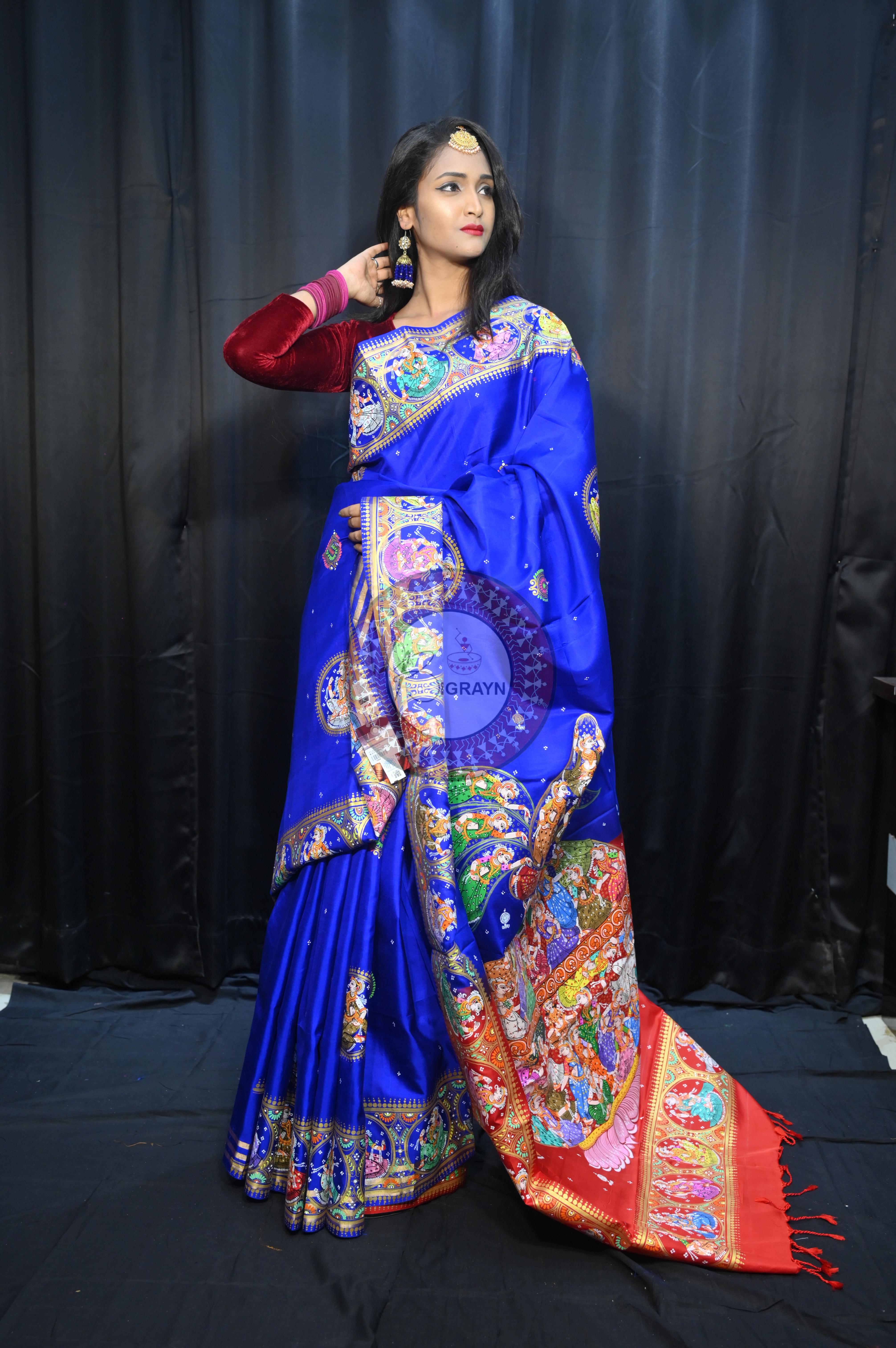 Blue Red Kandarp Kalashi Theme Pattachitra Kanjeeveram Silk Saree