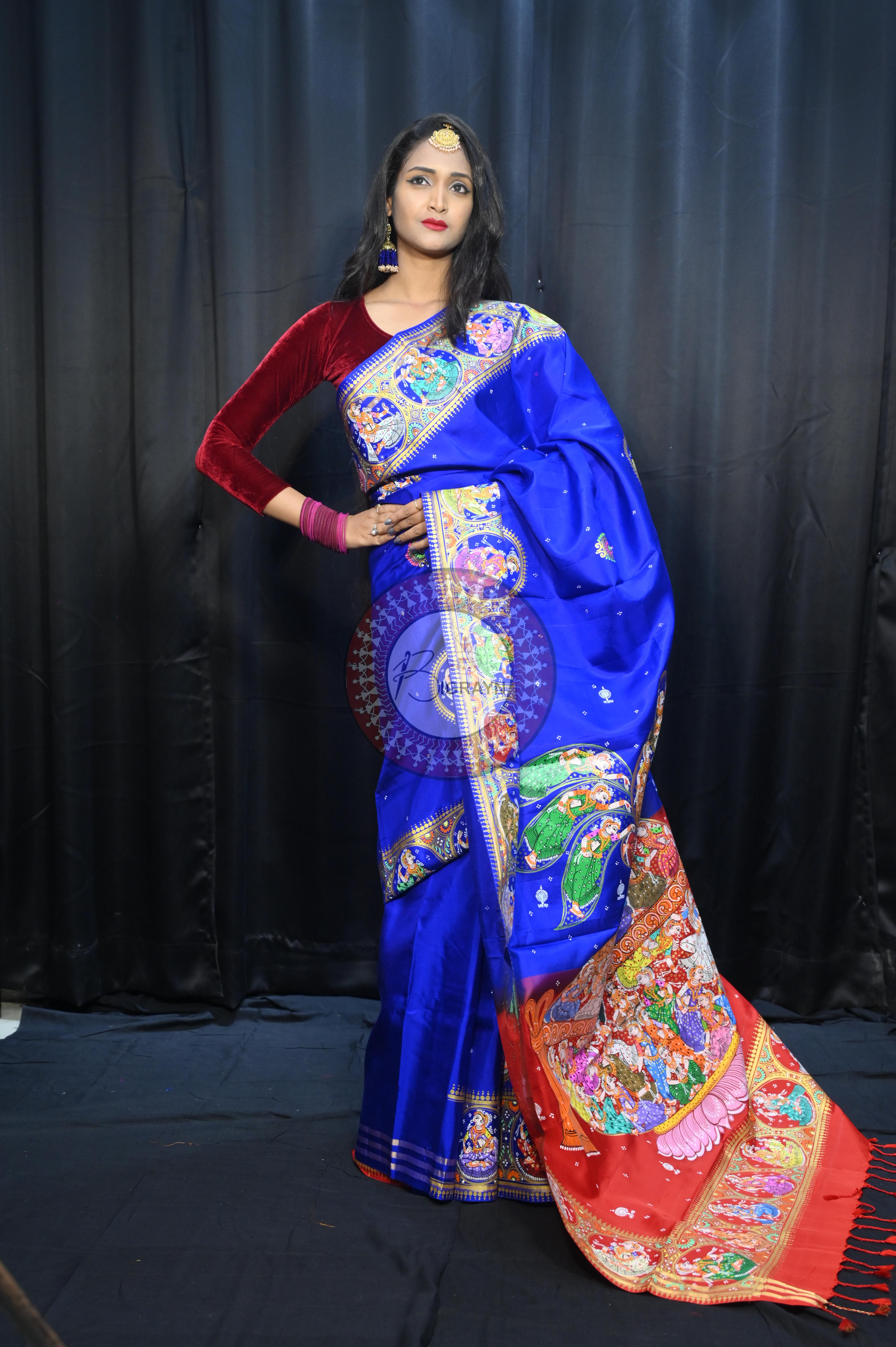 Blue Red Kandarp Kalashi Theme Pattachitra Kanjeeveram Silk Saree