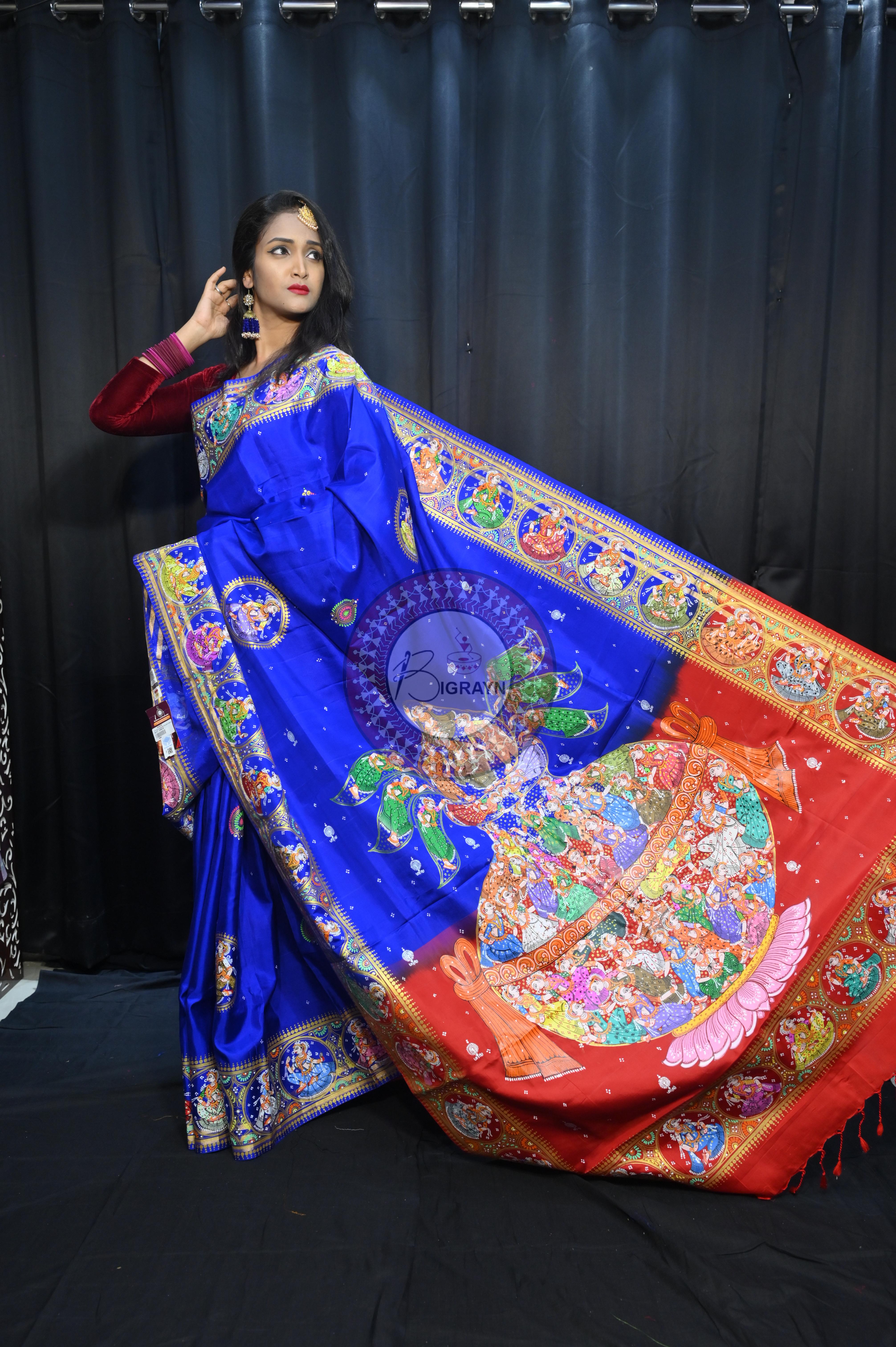 Blue Red Kandarp Kalashi Theme Pattachitra Kanjeeveram Silk Saree