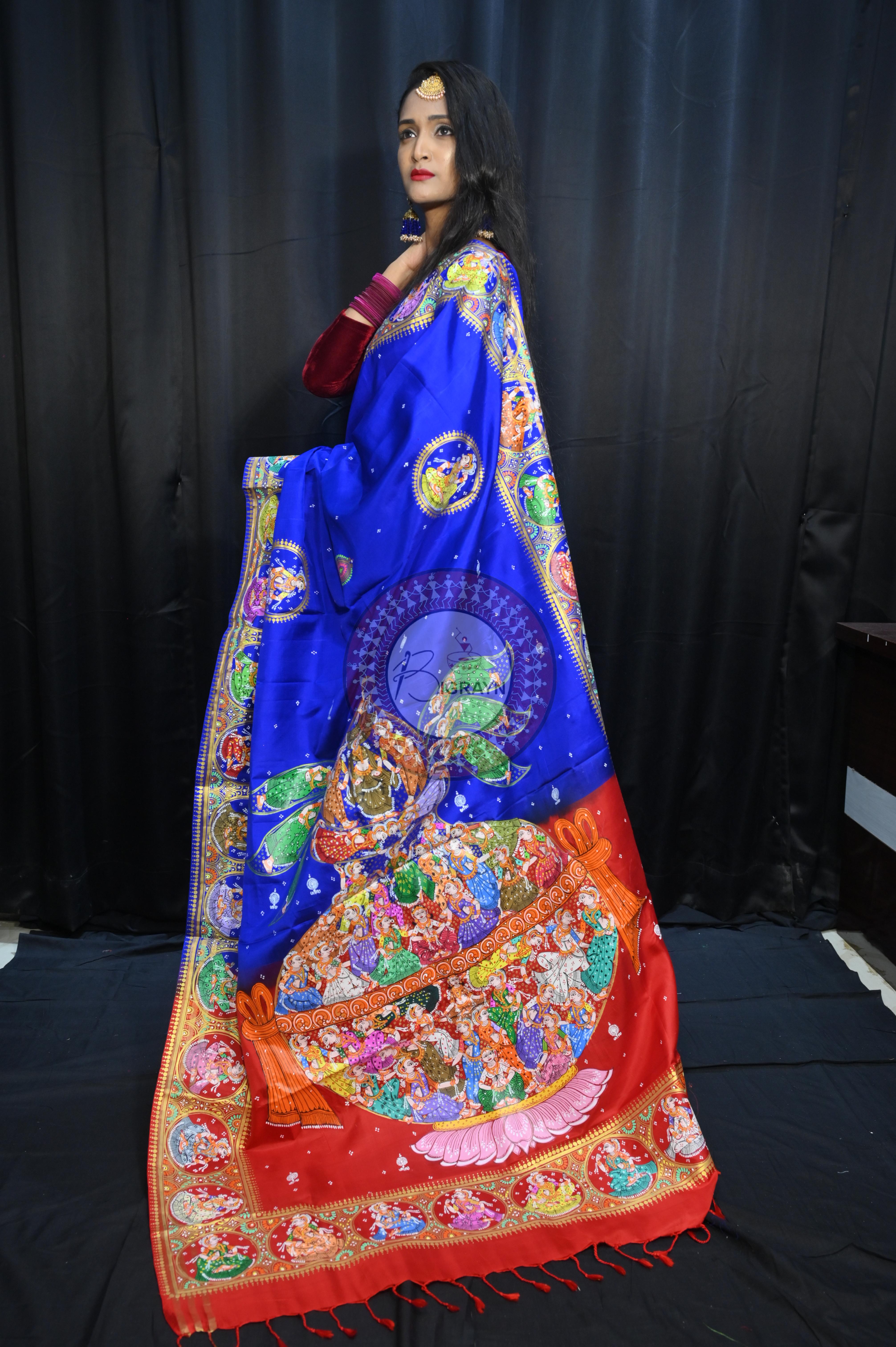 Blue Red Kandarp Kalashi Theme Pattachitra Kanjeeveram Silk Saree