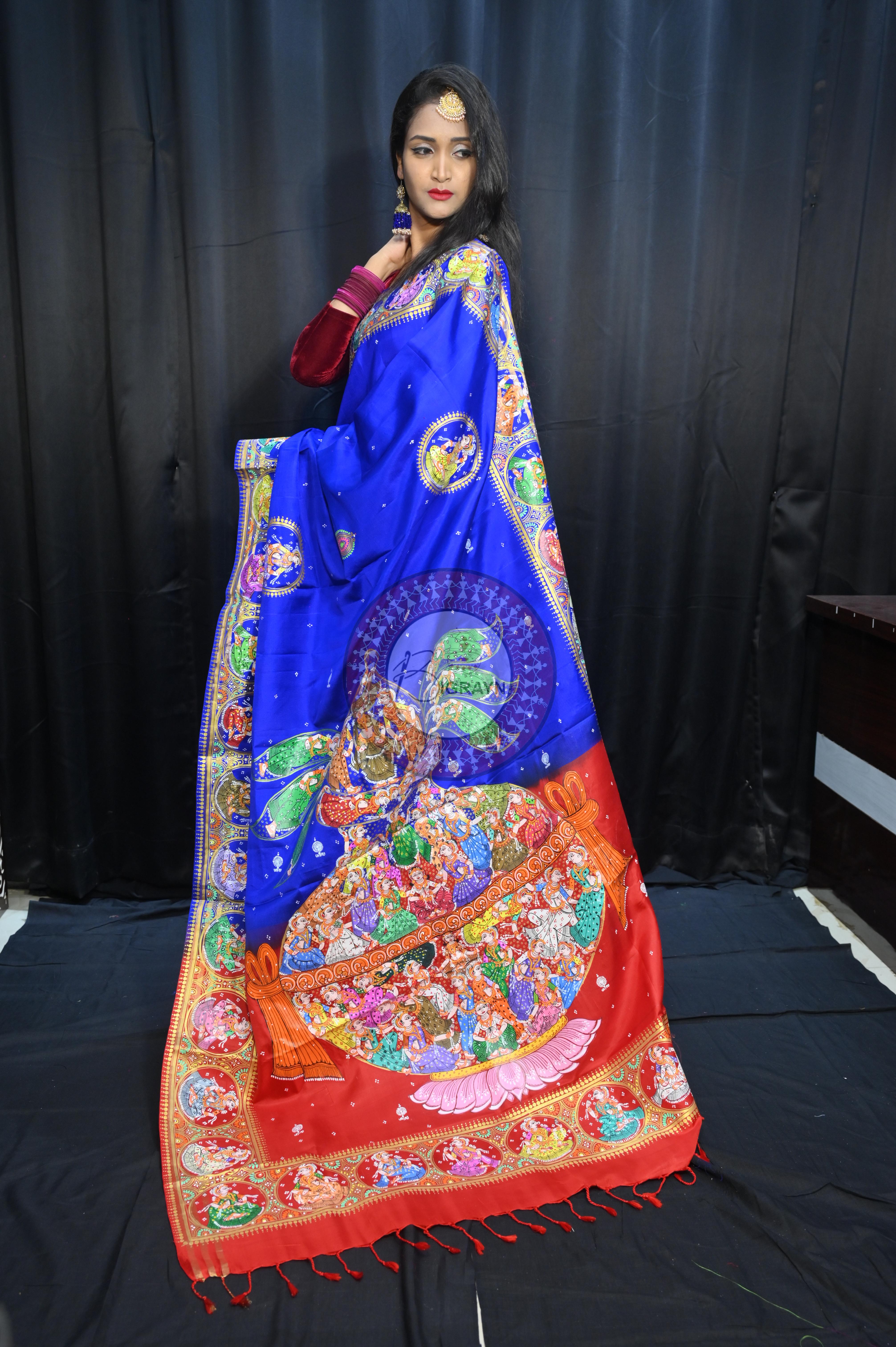 Blue Red Kandarp Kalashi Theme Pattachitra Kanjeeveram Silk Saree
