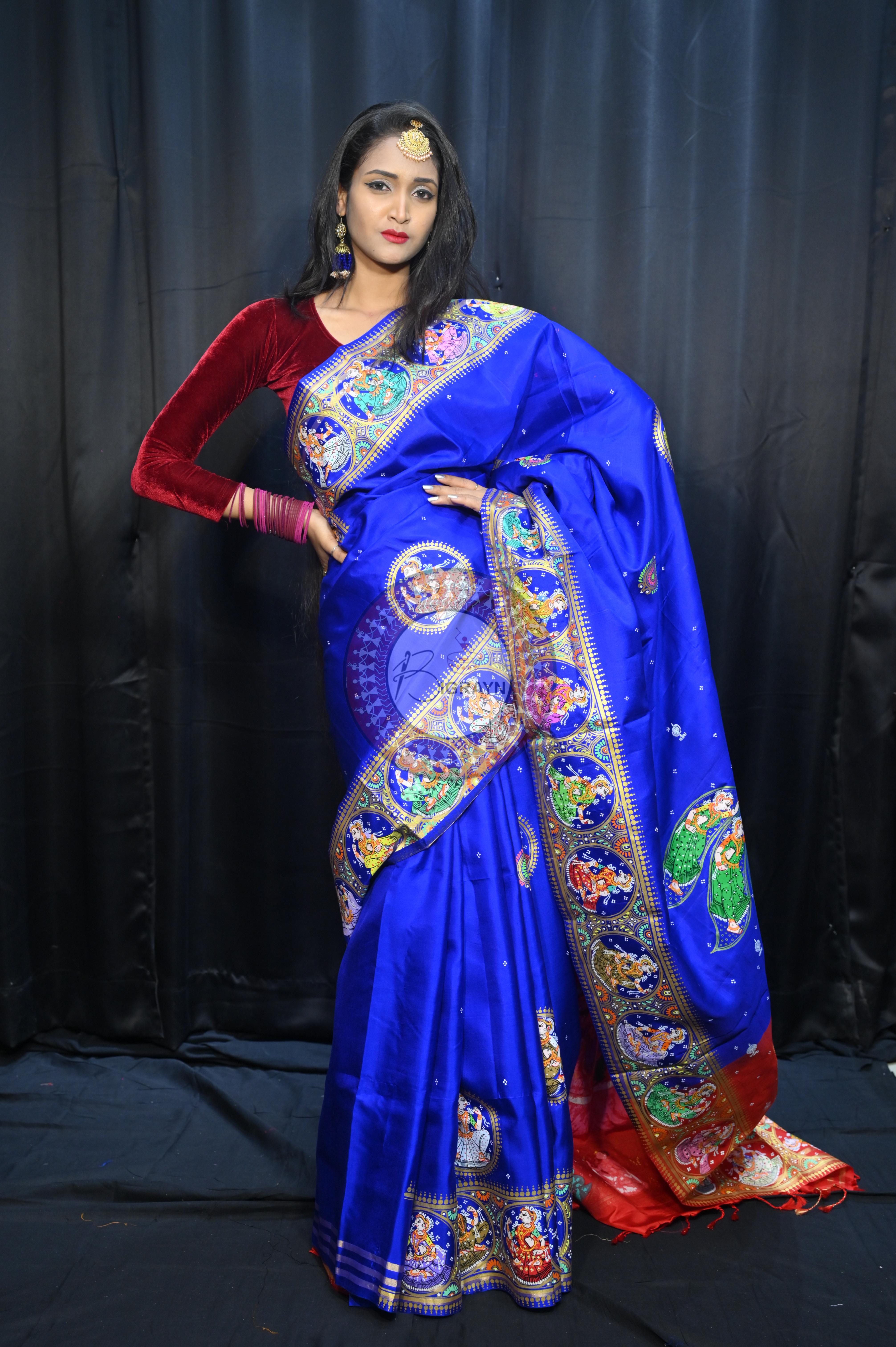 Blue Red Kandarp Kalashi Theme Pattachitra Kanjeeveram Silk Saree