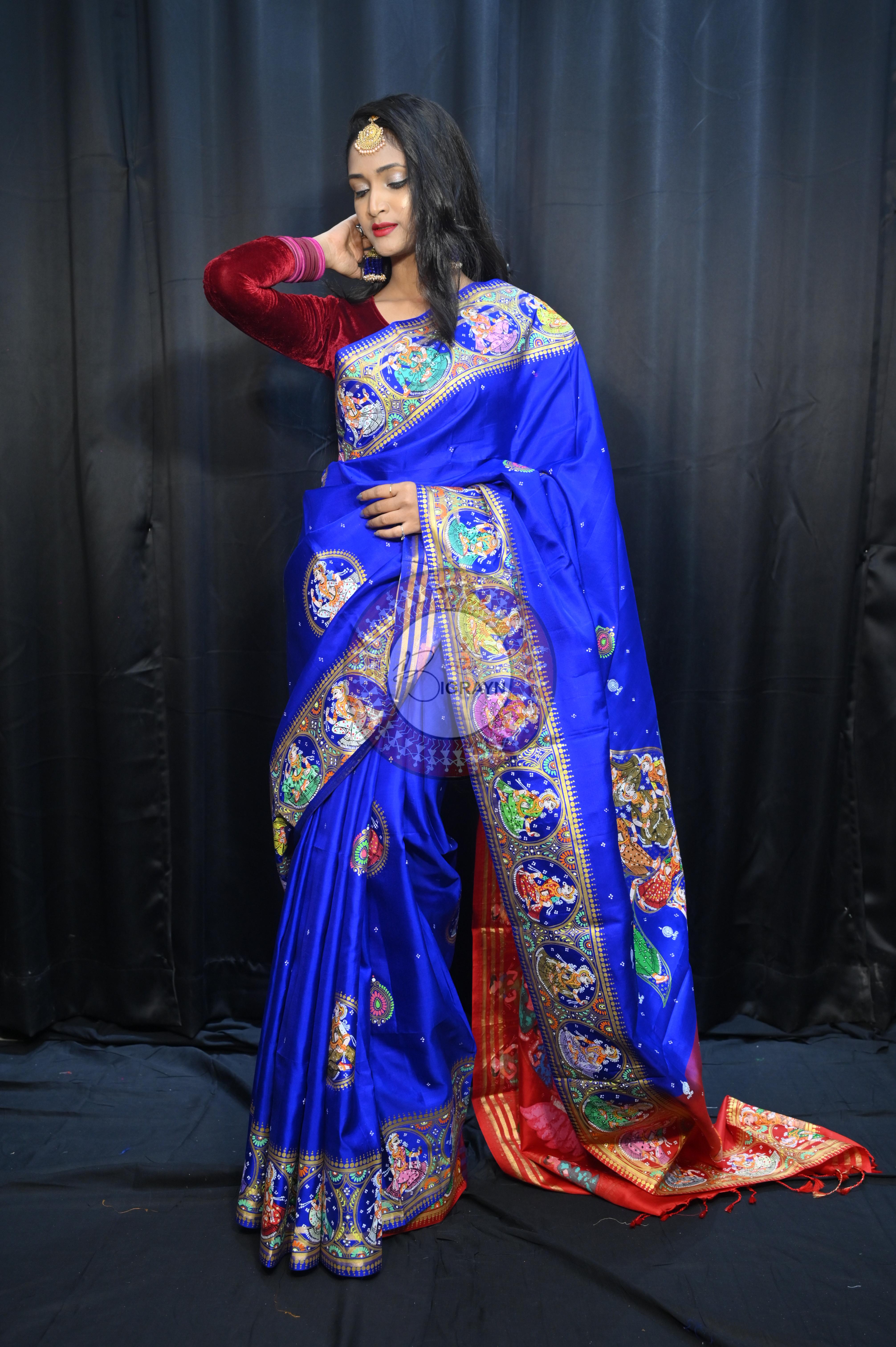 Blue Red Kandarp Kalashi Theme Pattachitra Kanjeeveram Silk Saree