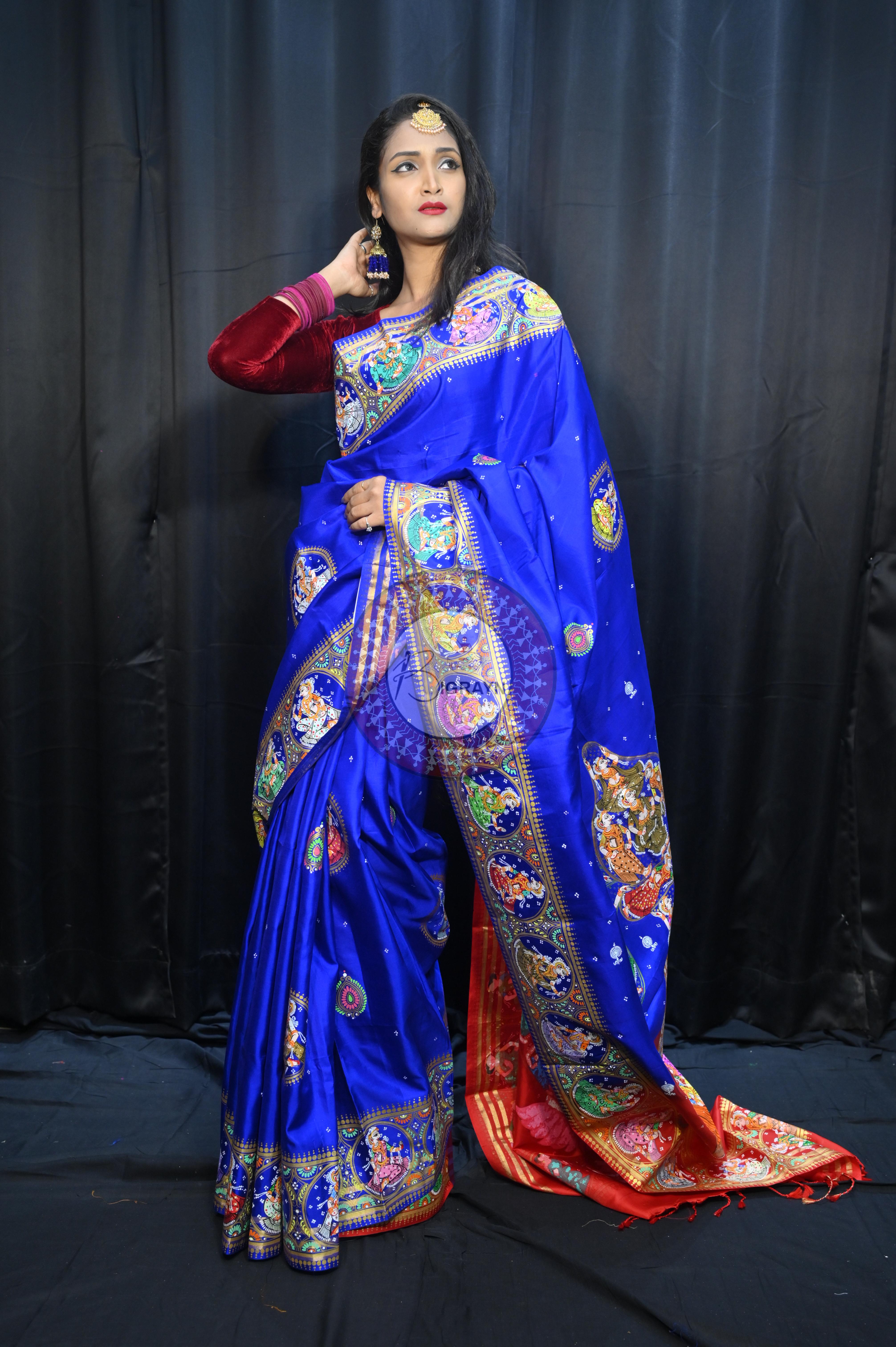 Blue Red Kandarp Kalashi Theme Pattachitra Kanjeeveram Silk Saree