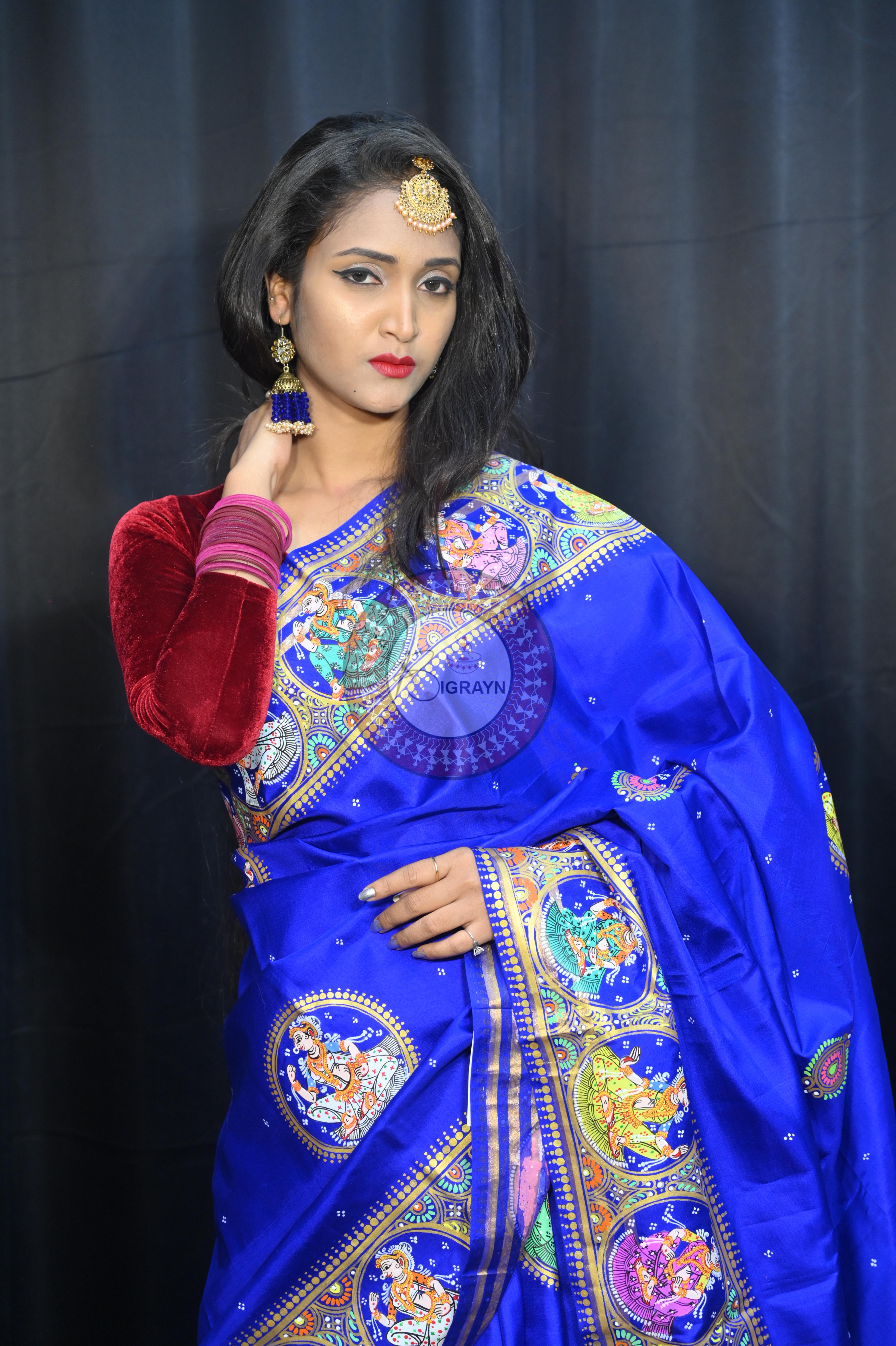 Blue Red Kandarp Kalashi Theme Pattachitra Kanjeeveram Silk Saree