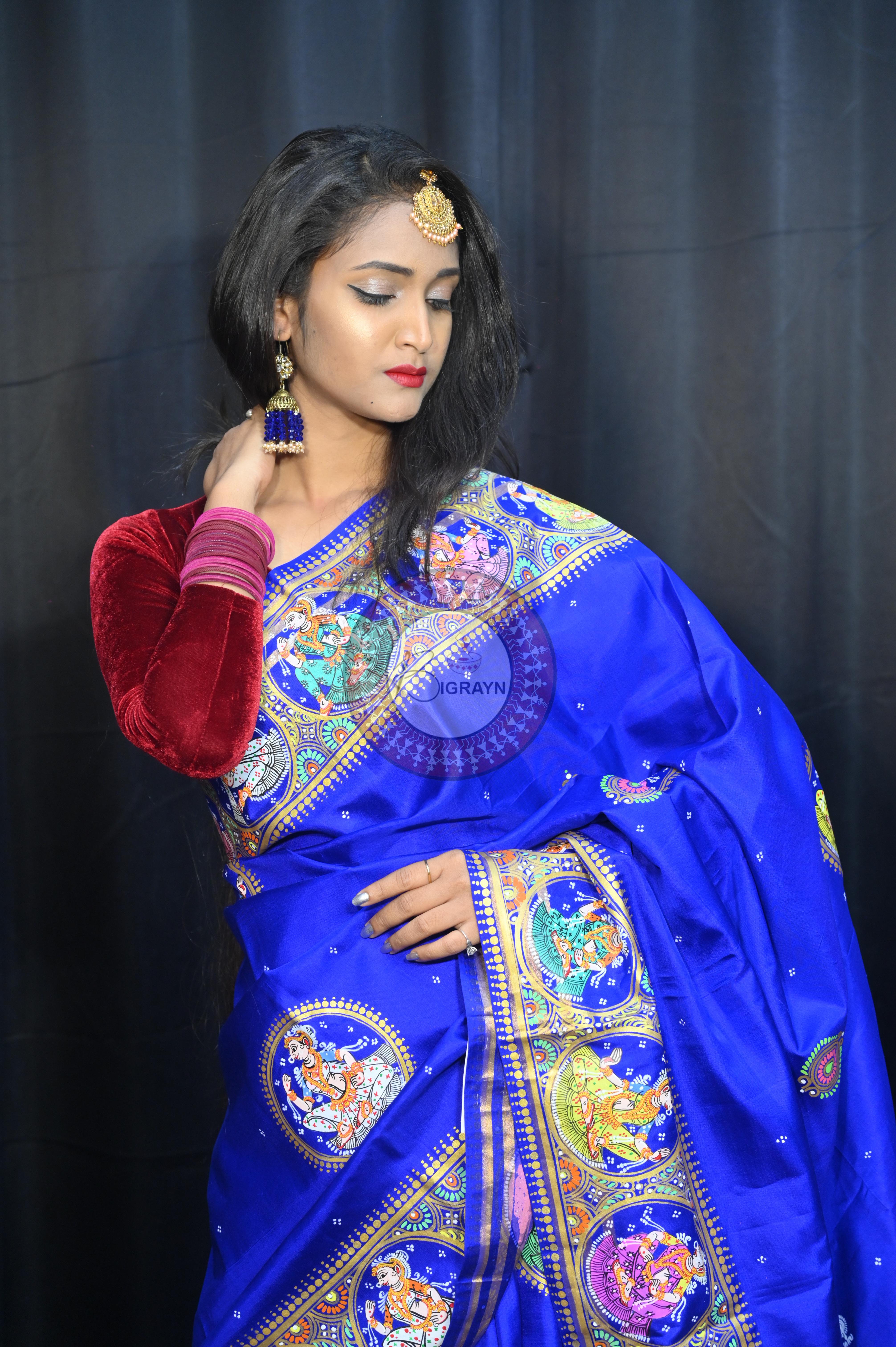 Blue Red Kandarp Kalashi Theme Pattachitra Kanjeeveram Silk Saree