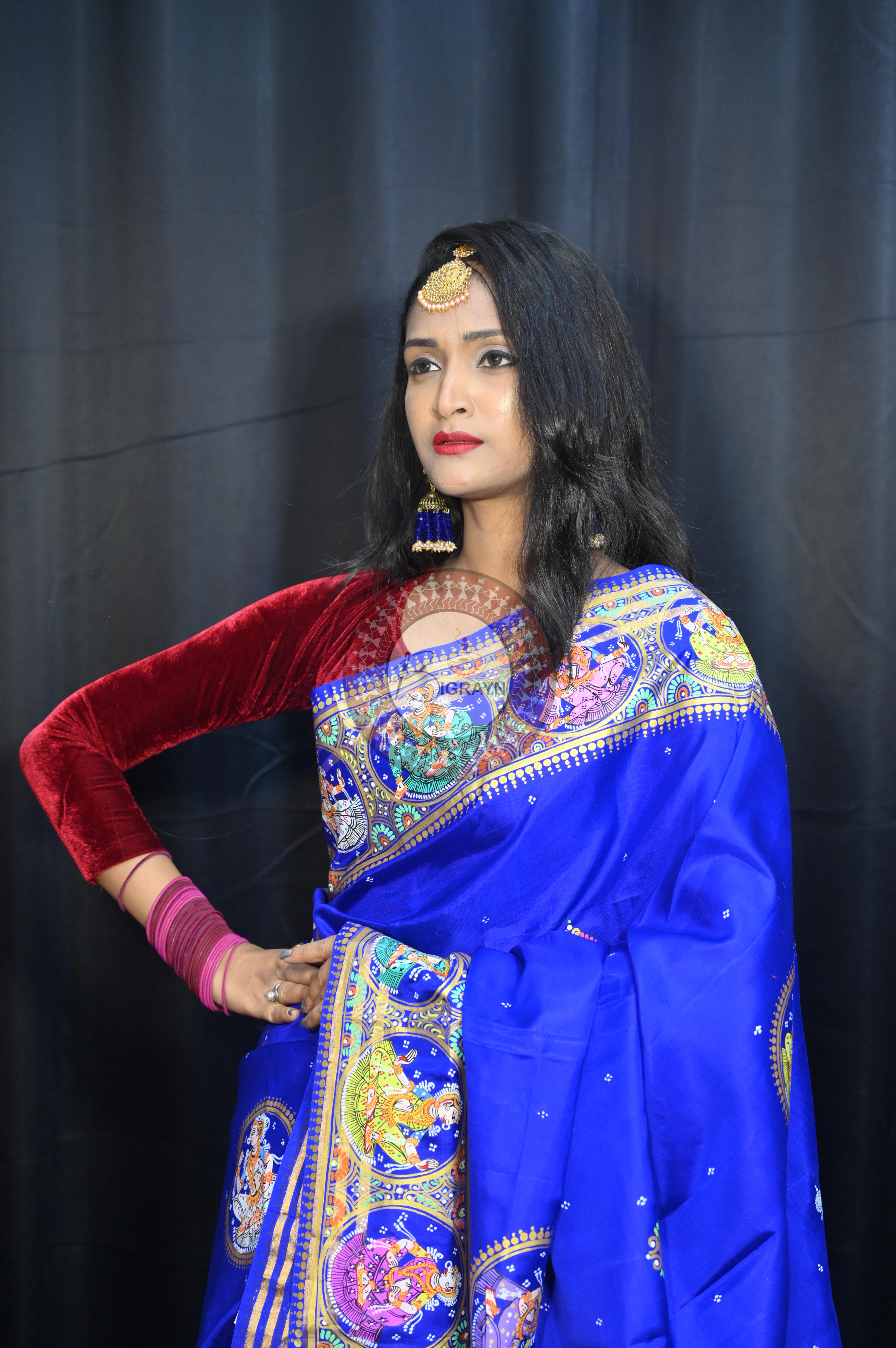 Blue Red Kandarp Kalashi Theme Pattachitra Kanjeeveram Silk Saree