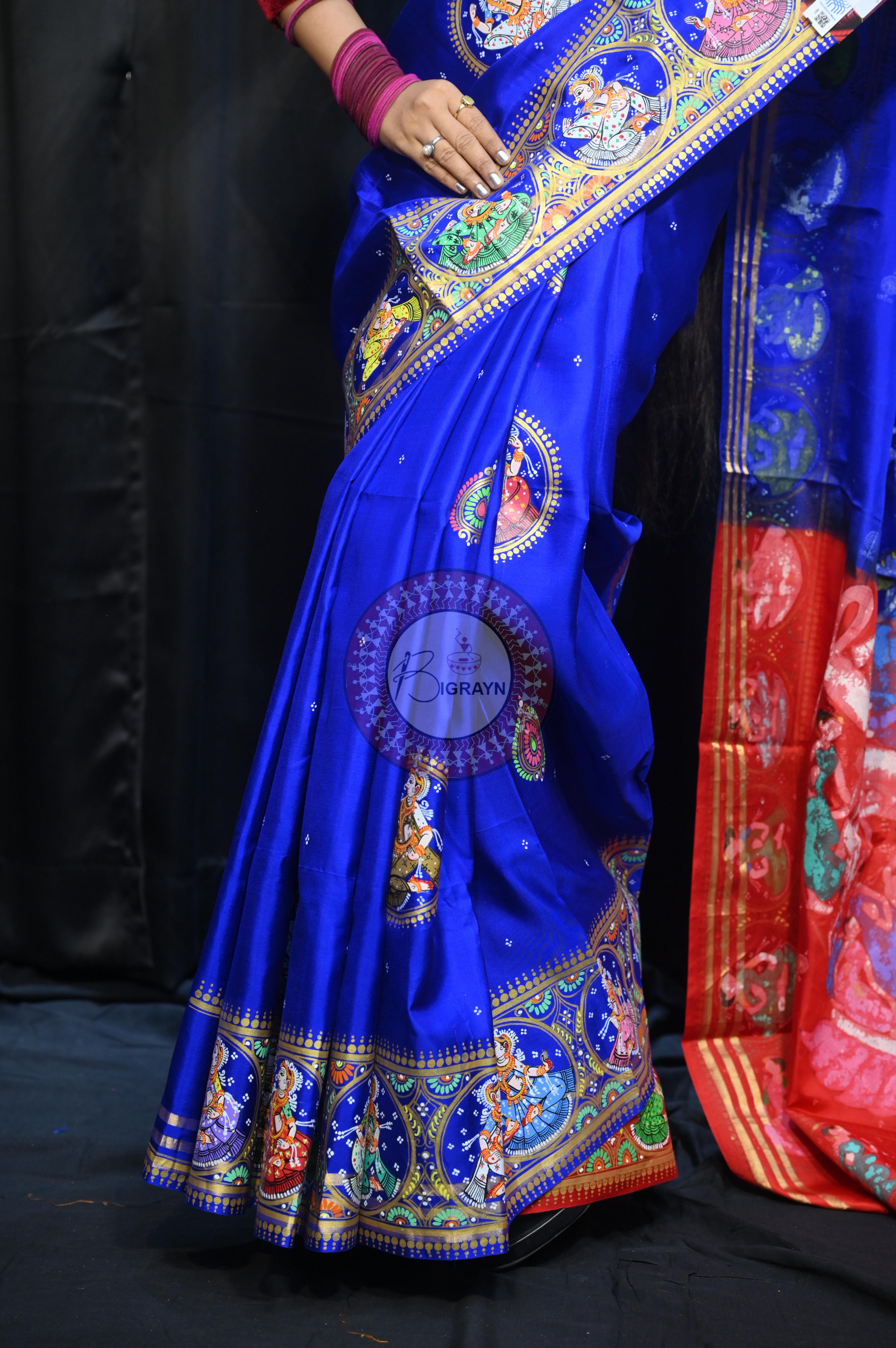 Blue Red Kandarp Kalashi Theme Pattachitra Kanjeeveram Silk Saree