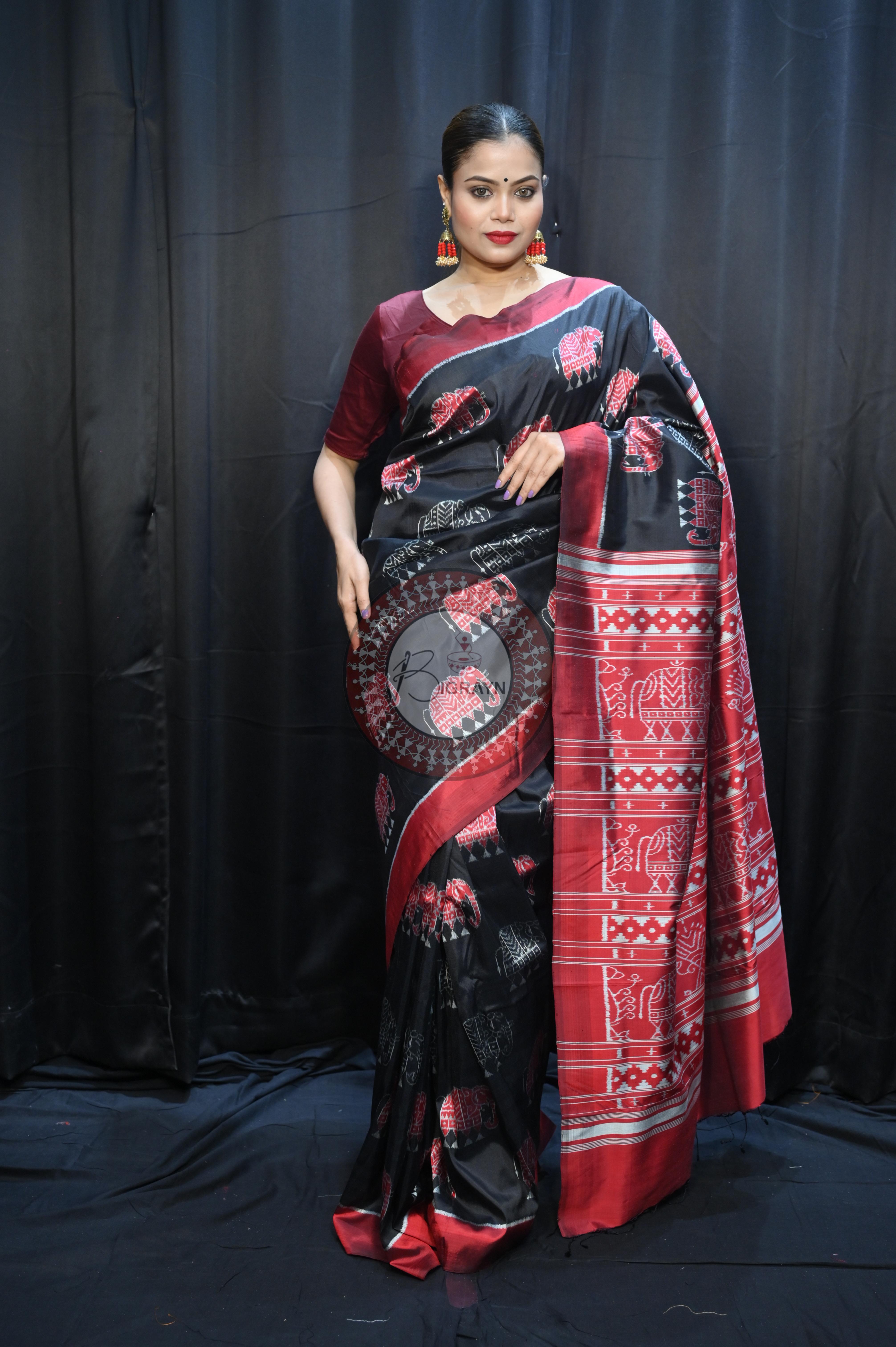 Black Red Elephant Mulberry Silk Saree
