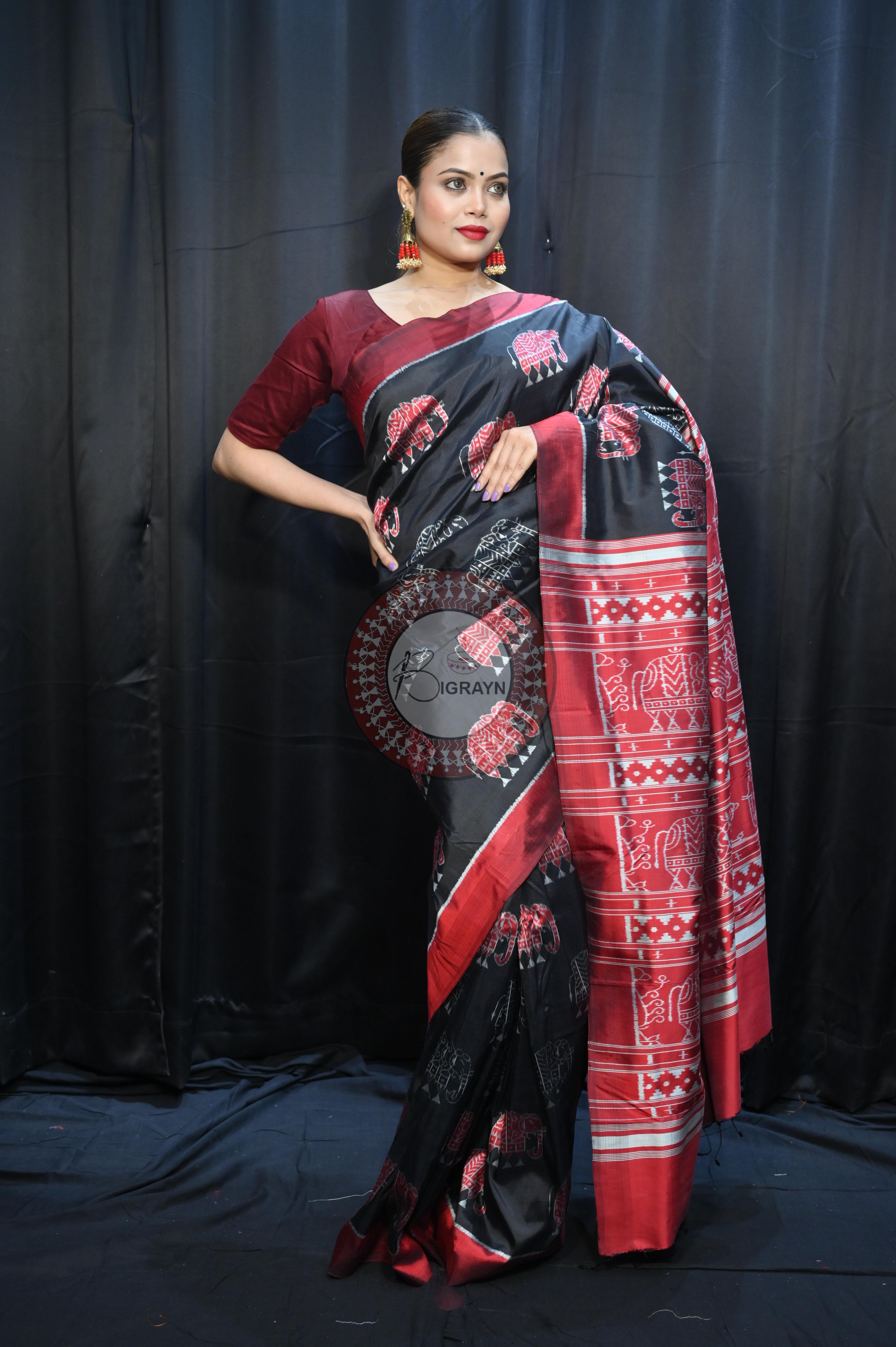 Black Red Elephant Mulberry Silk Saree