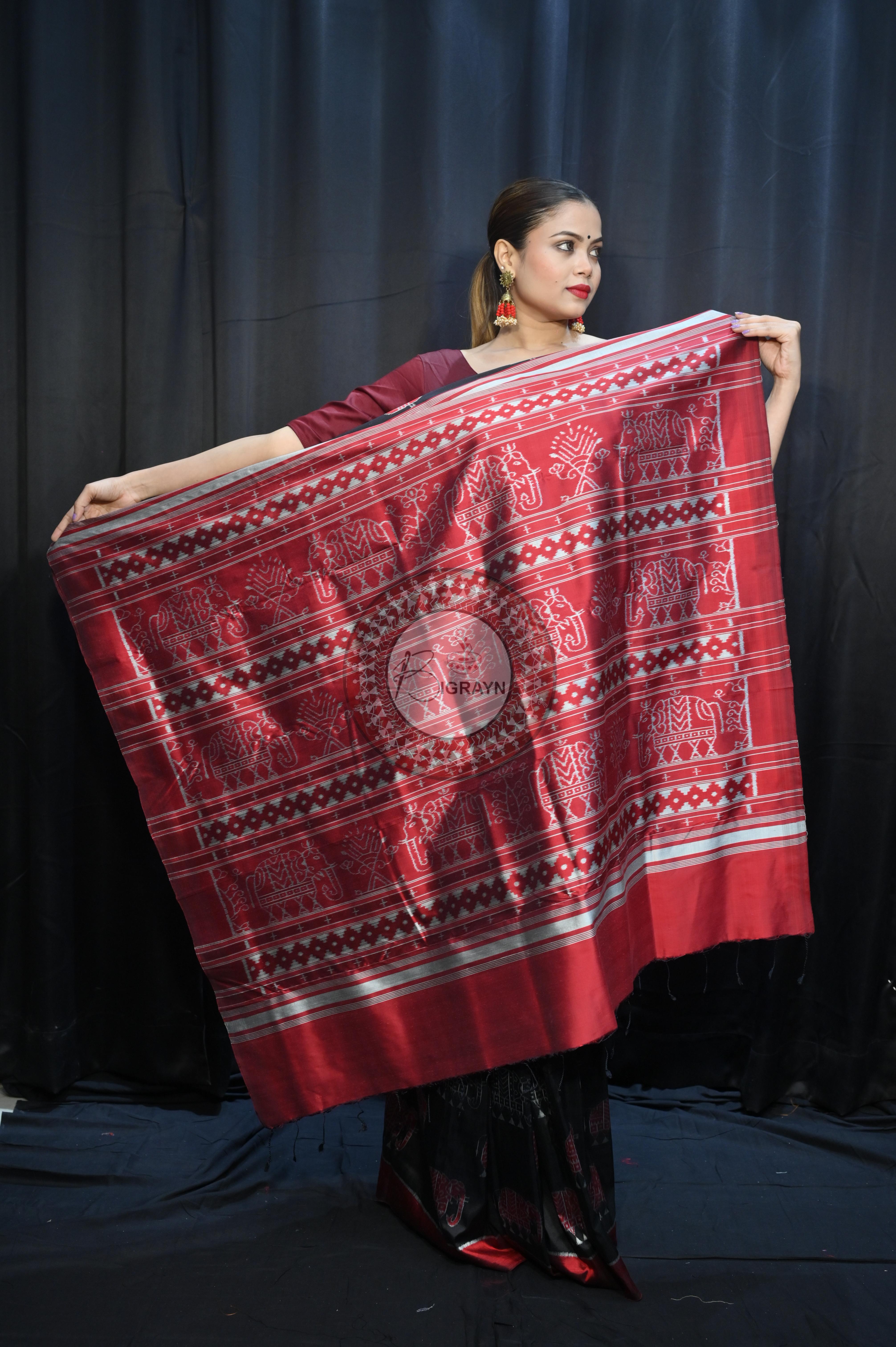 Black Red Elephant Mulberry Silk Saree