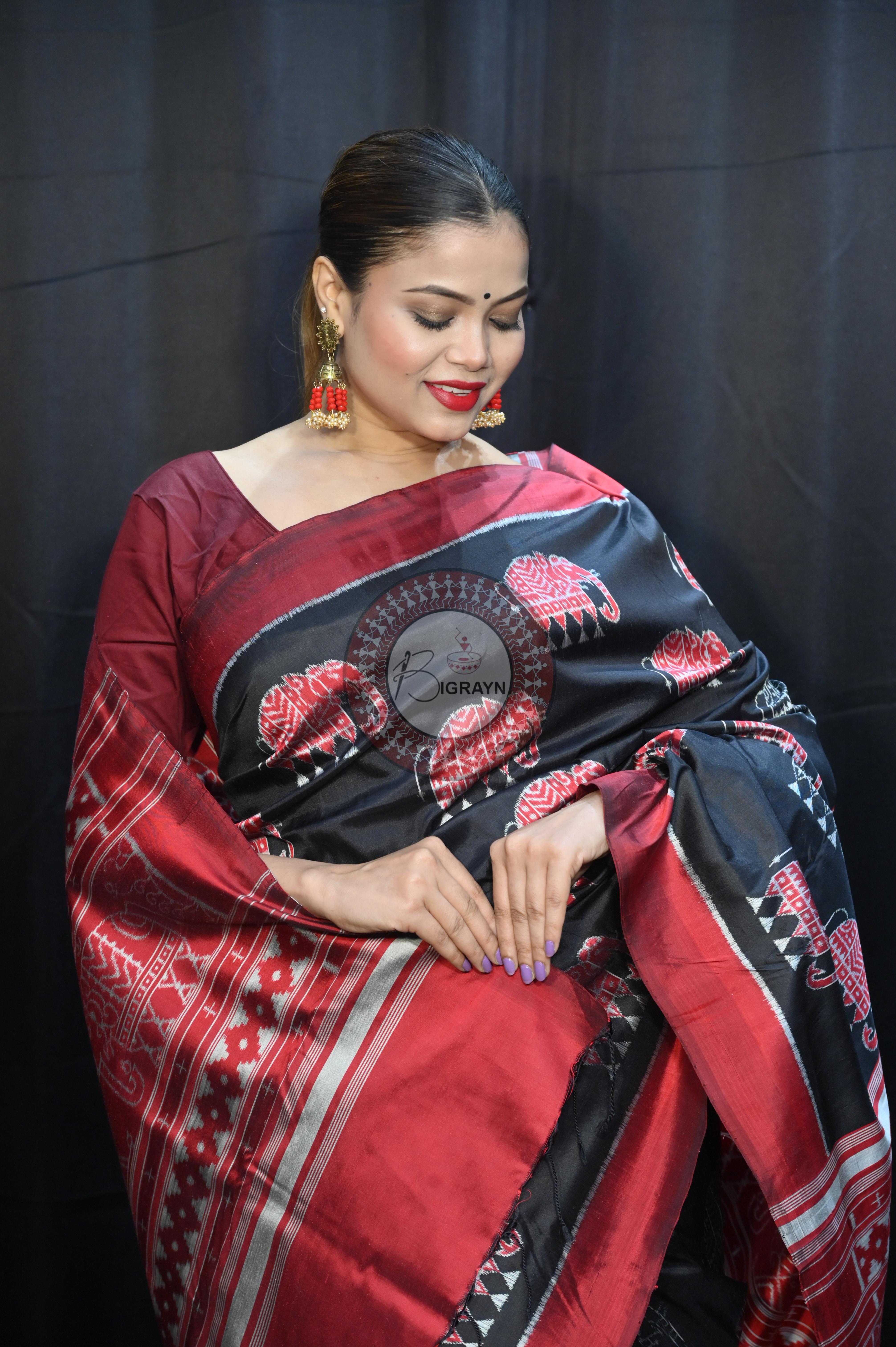 Black Red Elephant Mulberry Silk Saree