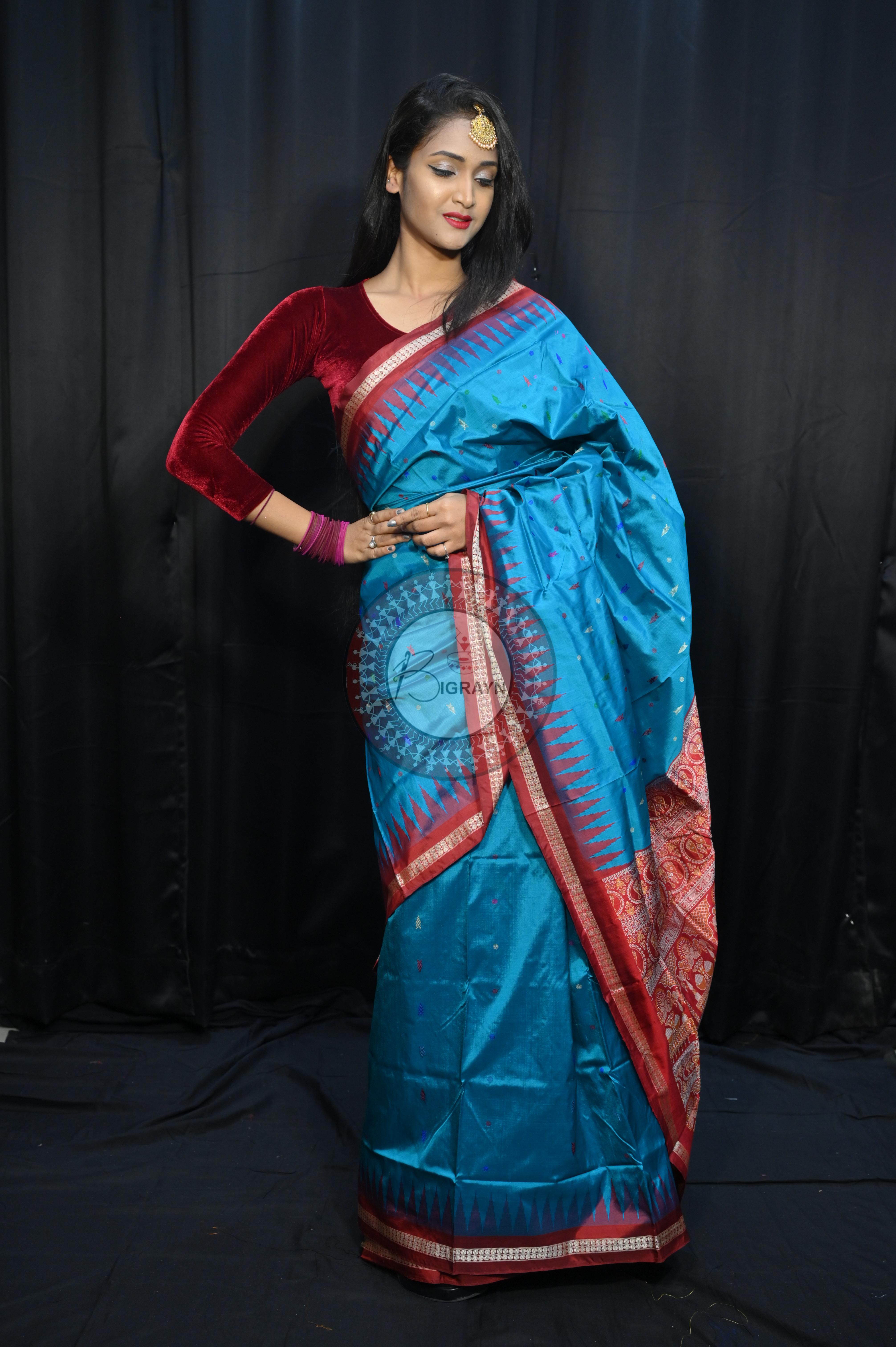 Blue Maroon Fish Buti Bomkai Silk Saree