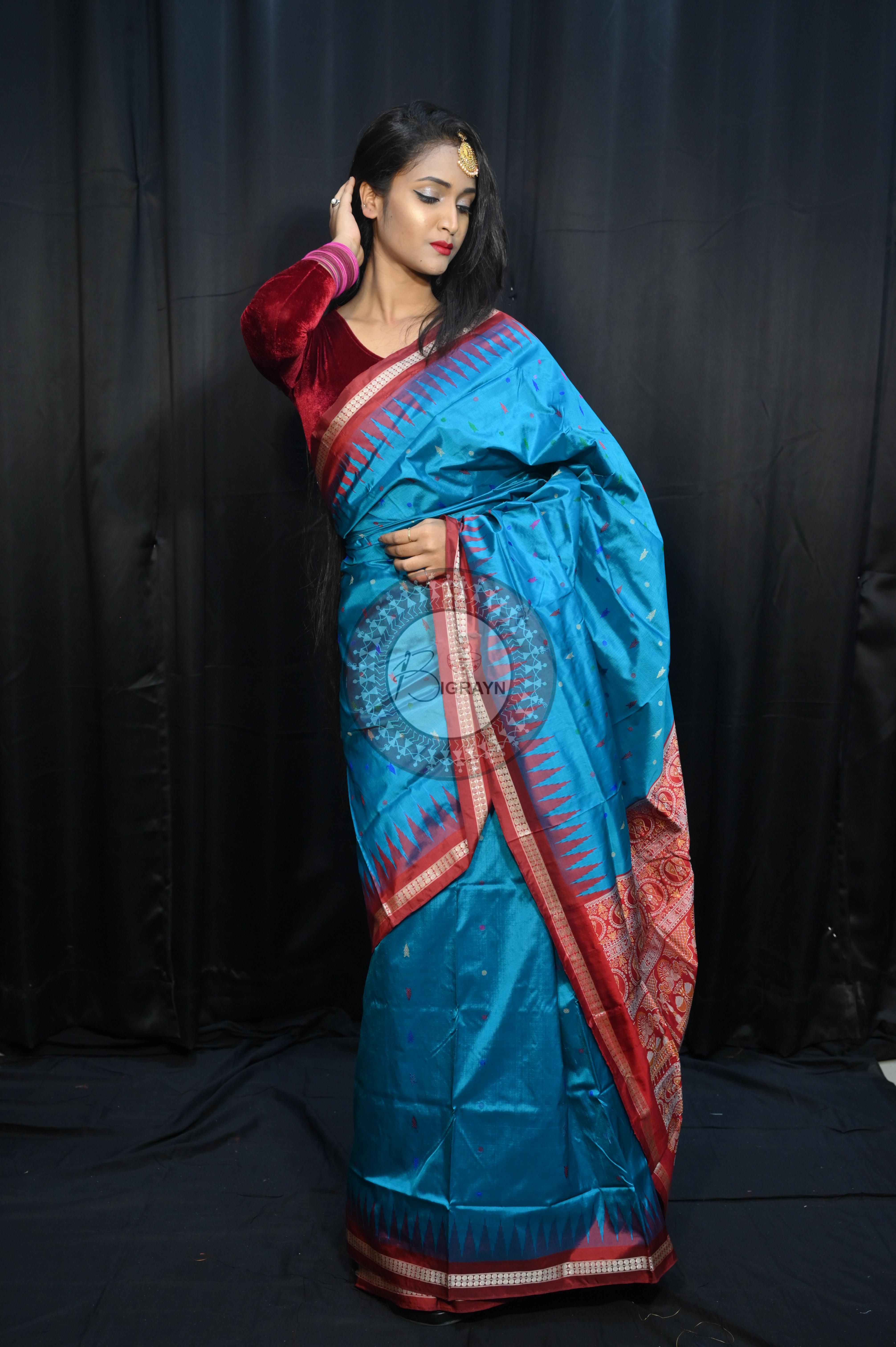 Blue Maroon Fish Buti Bomkai Silk Saree