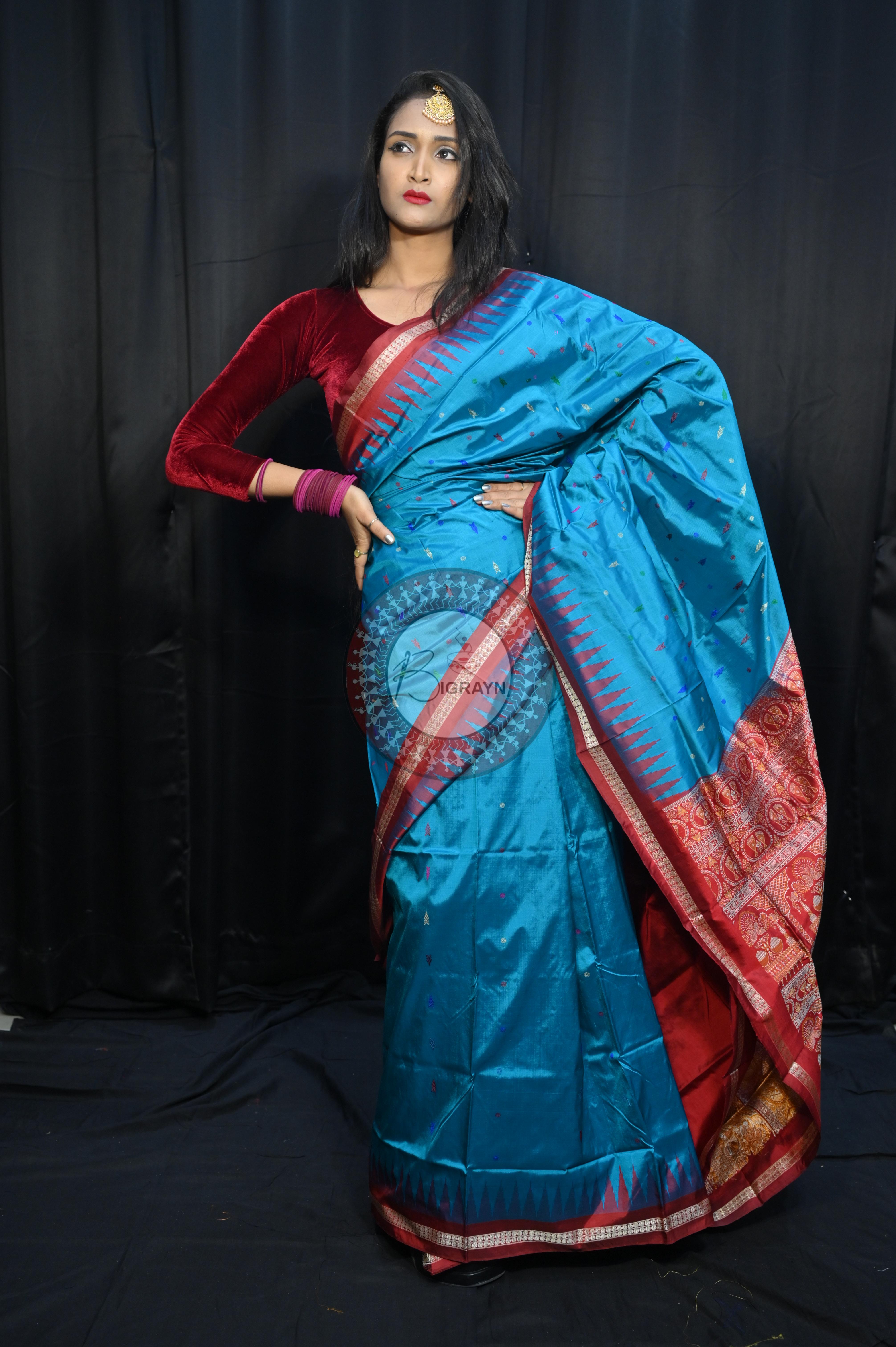 Blue Maroon Fish Buti Bomkai Silk Saree