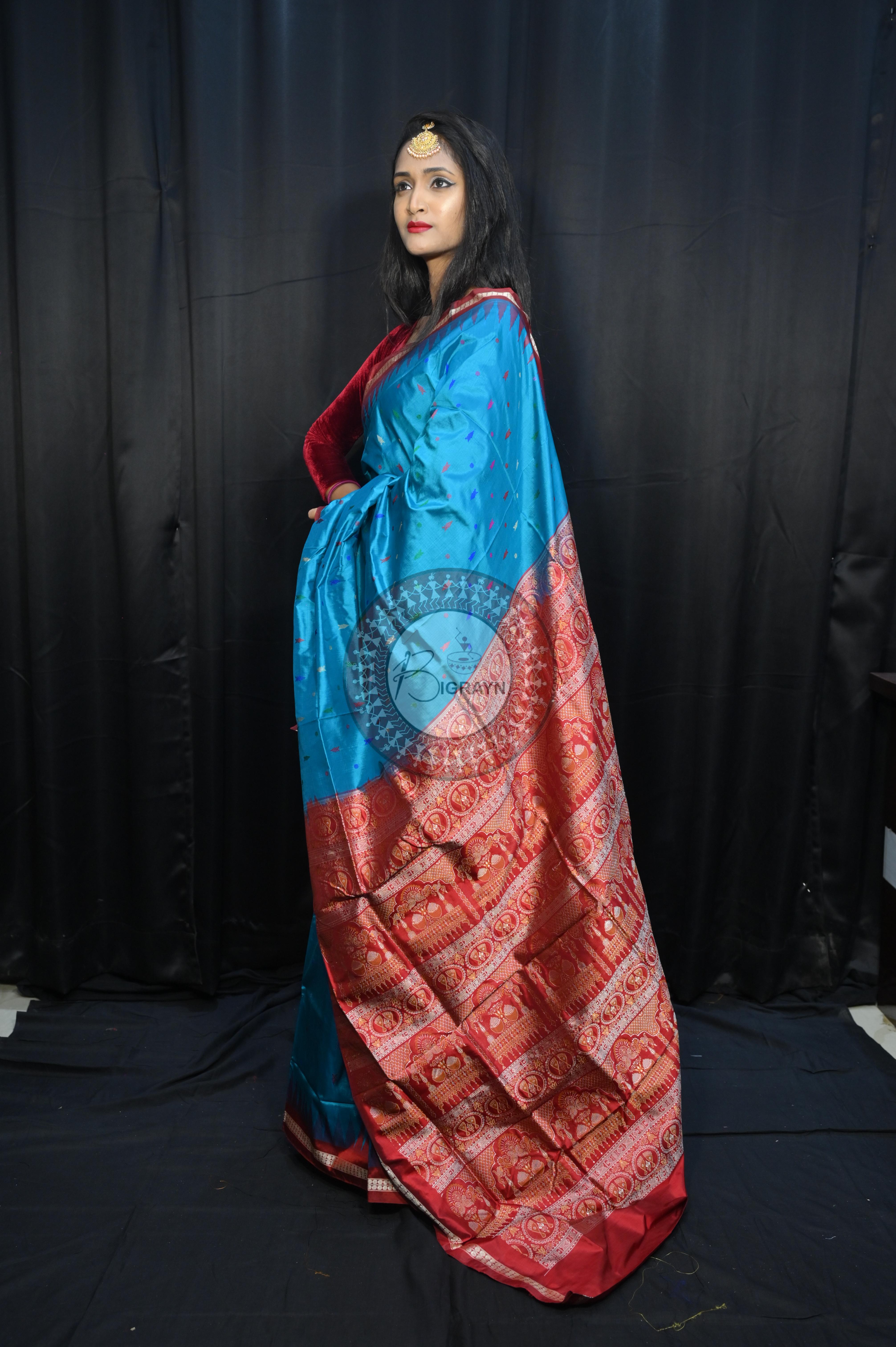 Blue Maroon Fish Buti Bomkai Silk Saree