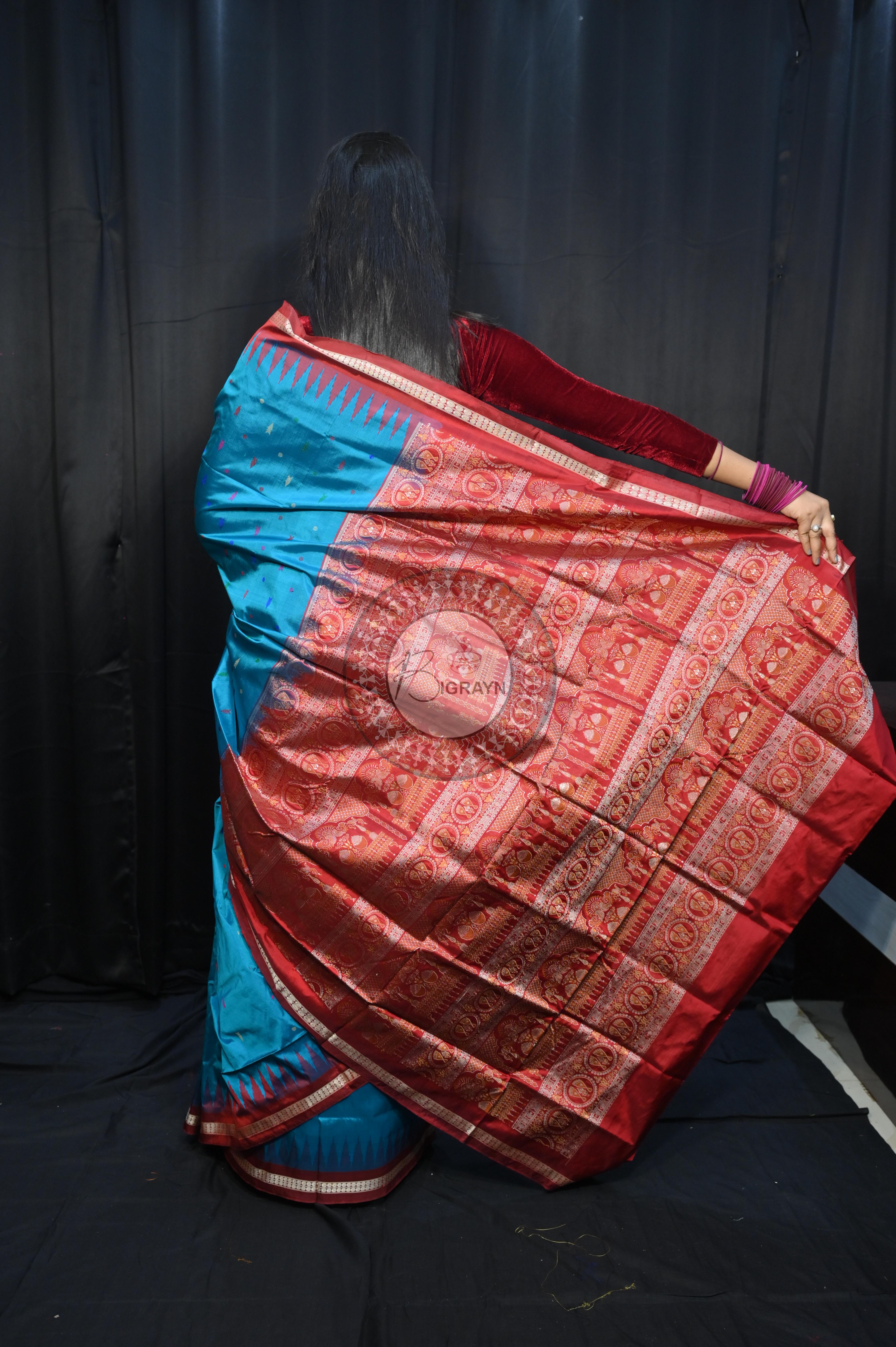 Blue Maroon Fish Buti Bomkai Silk Saree