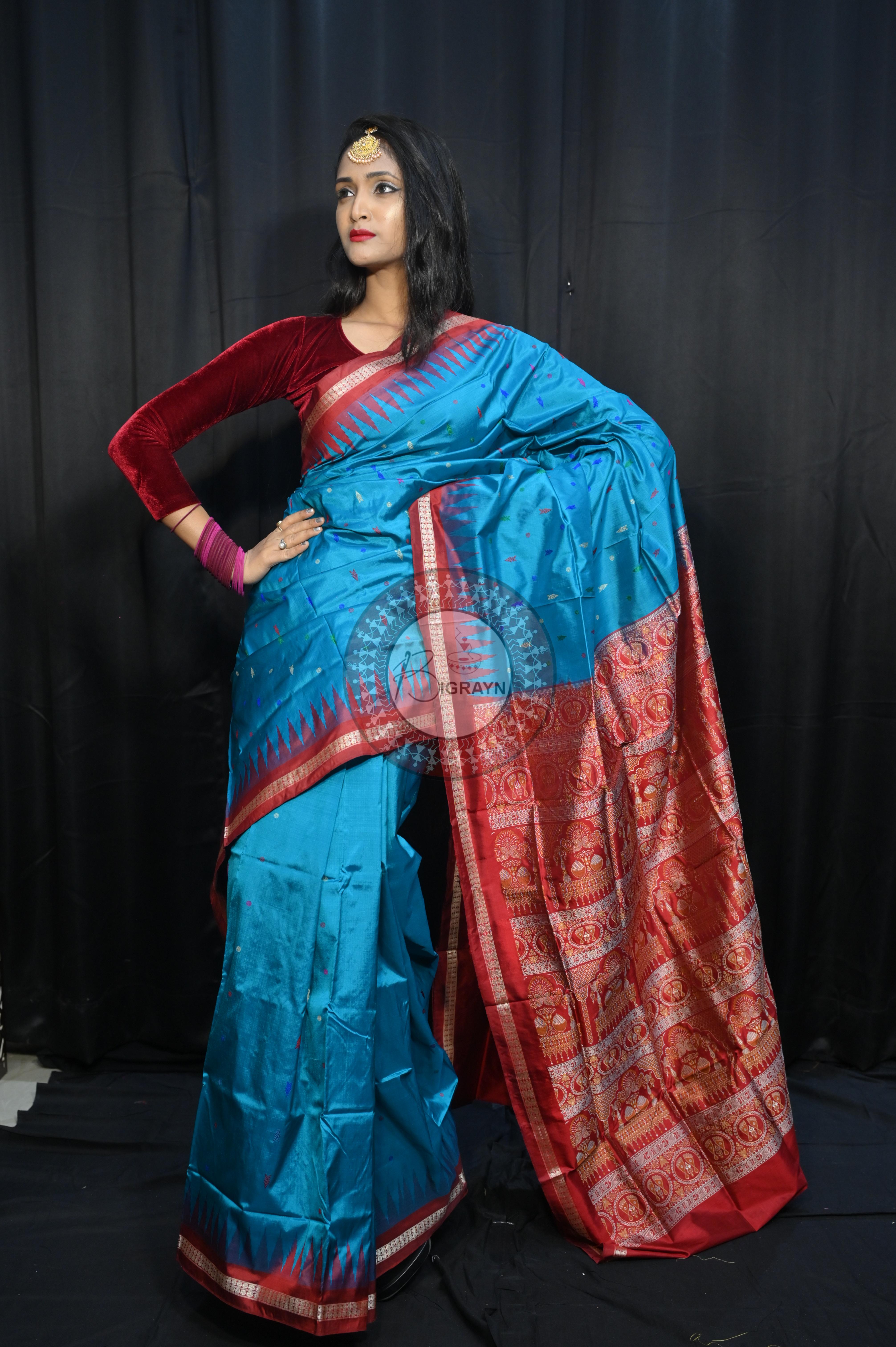 Blue Maroon Fish Buti Bomkai Silk Saree