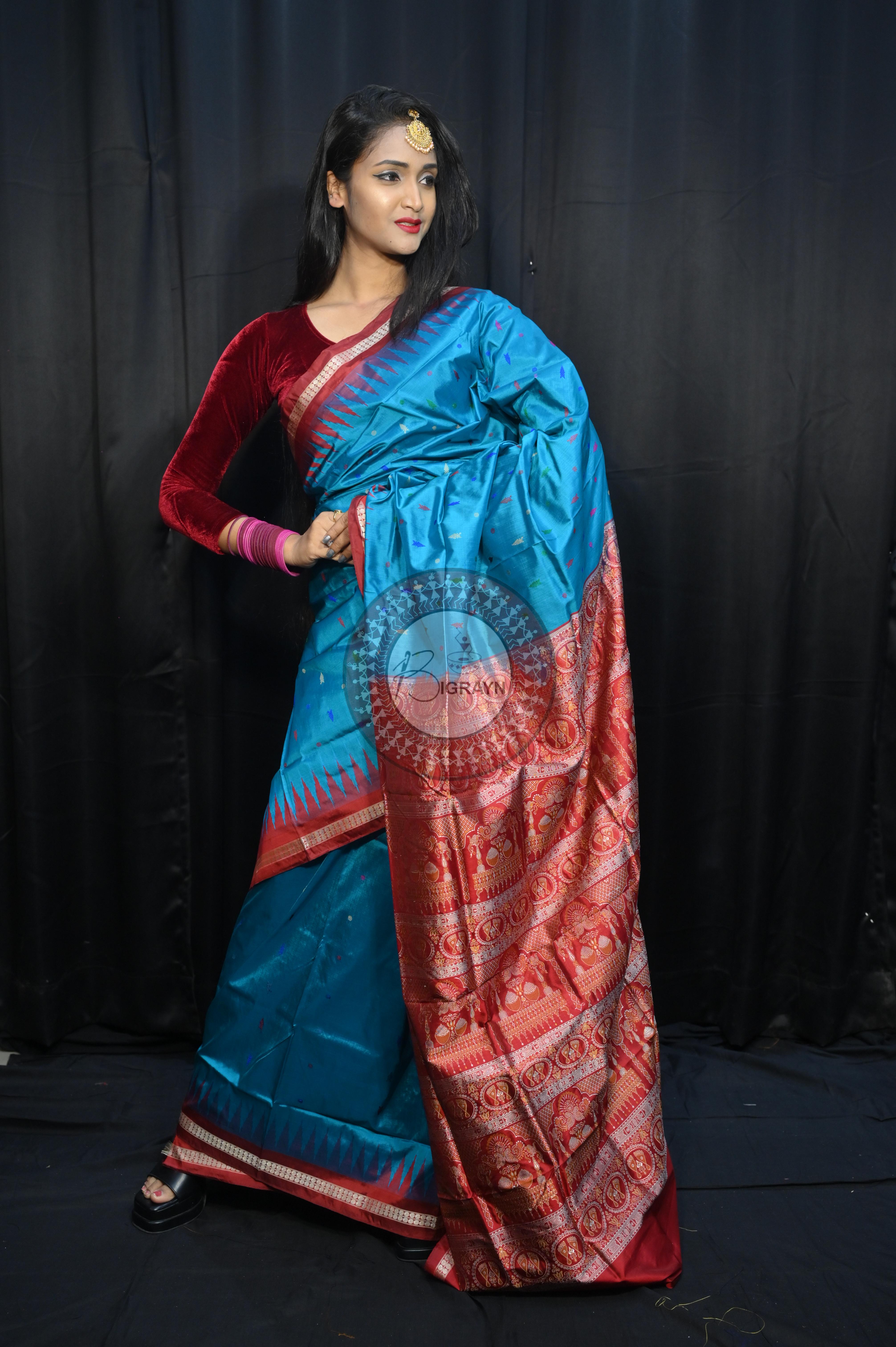Blue Maroon Fish Buti Bomkai Silk Saree