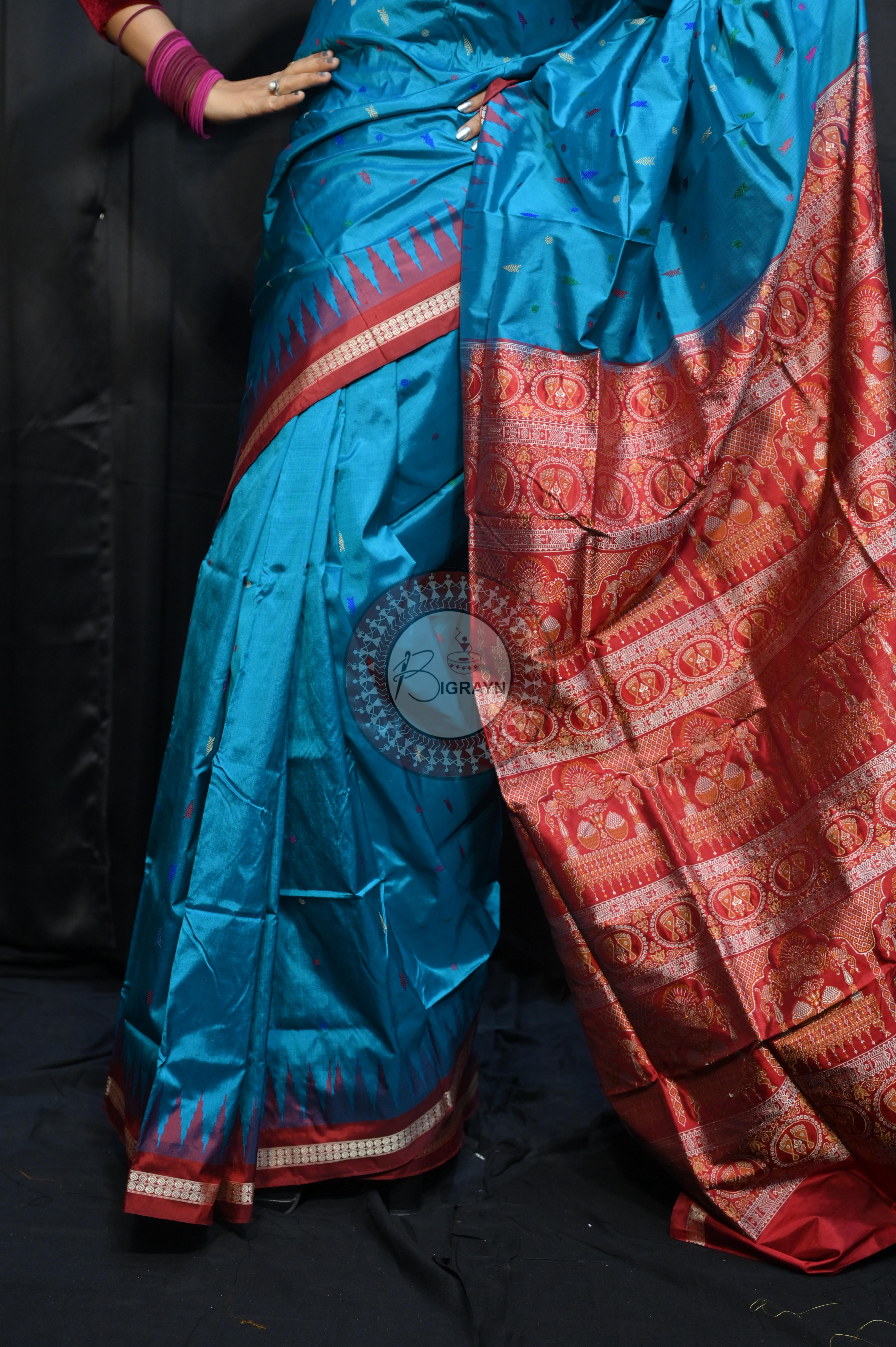 Blue Maroon Fish Buti Bomkai Silk Saree