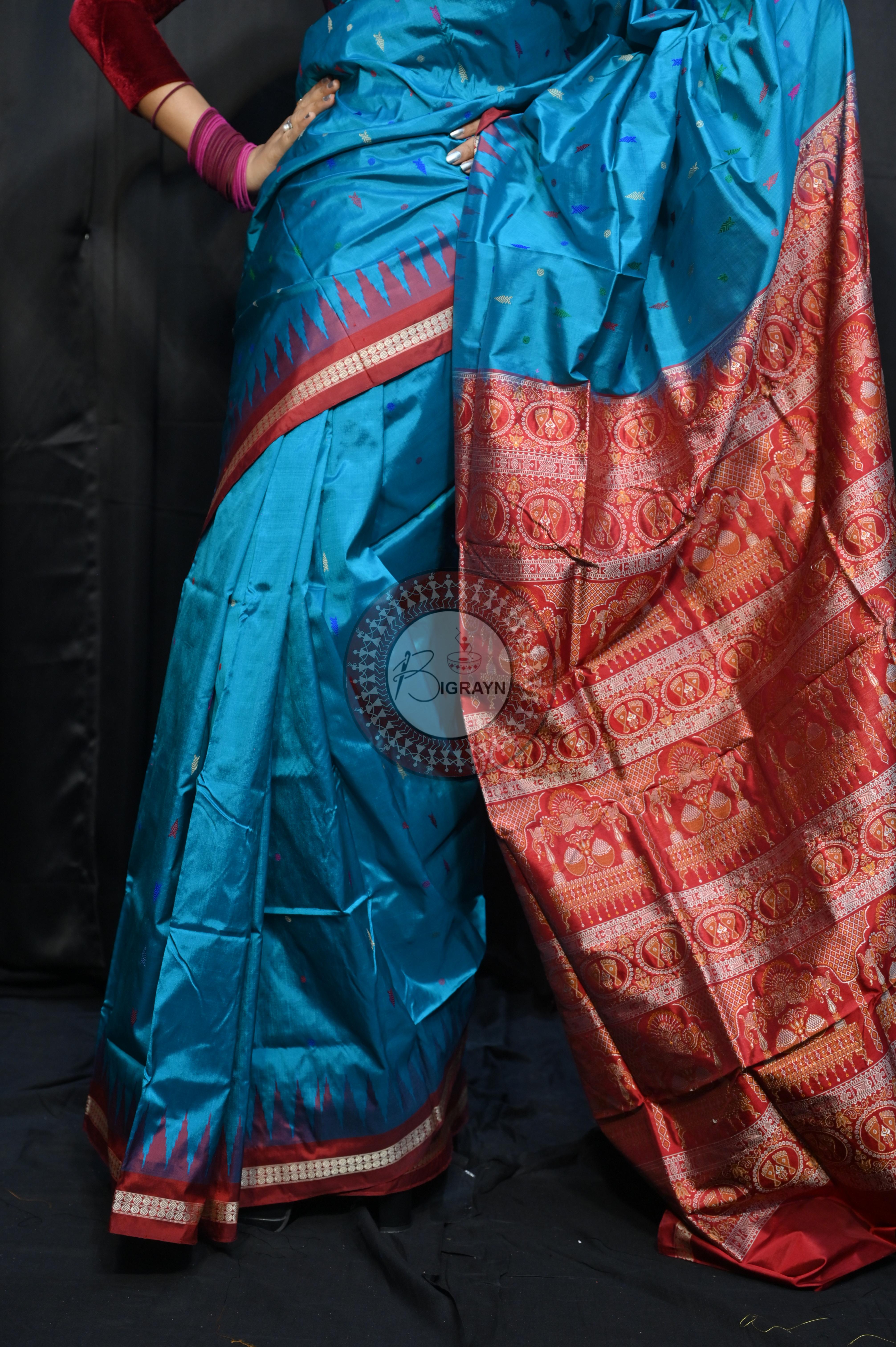 Blue Maroon Fish Buti Bomkai Silk Saree