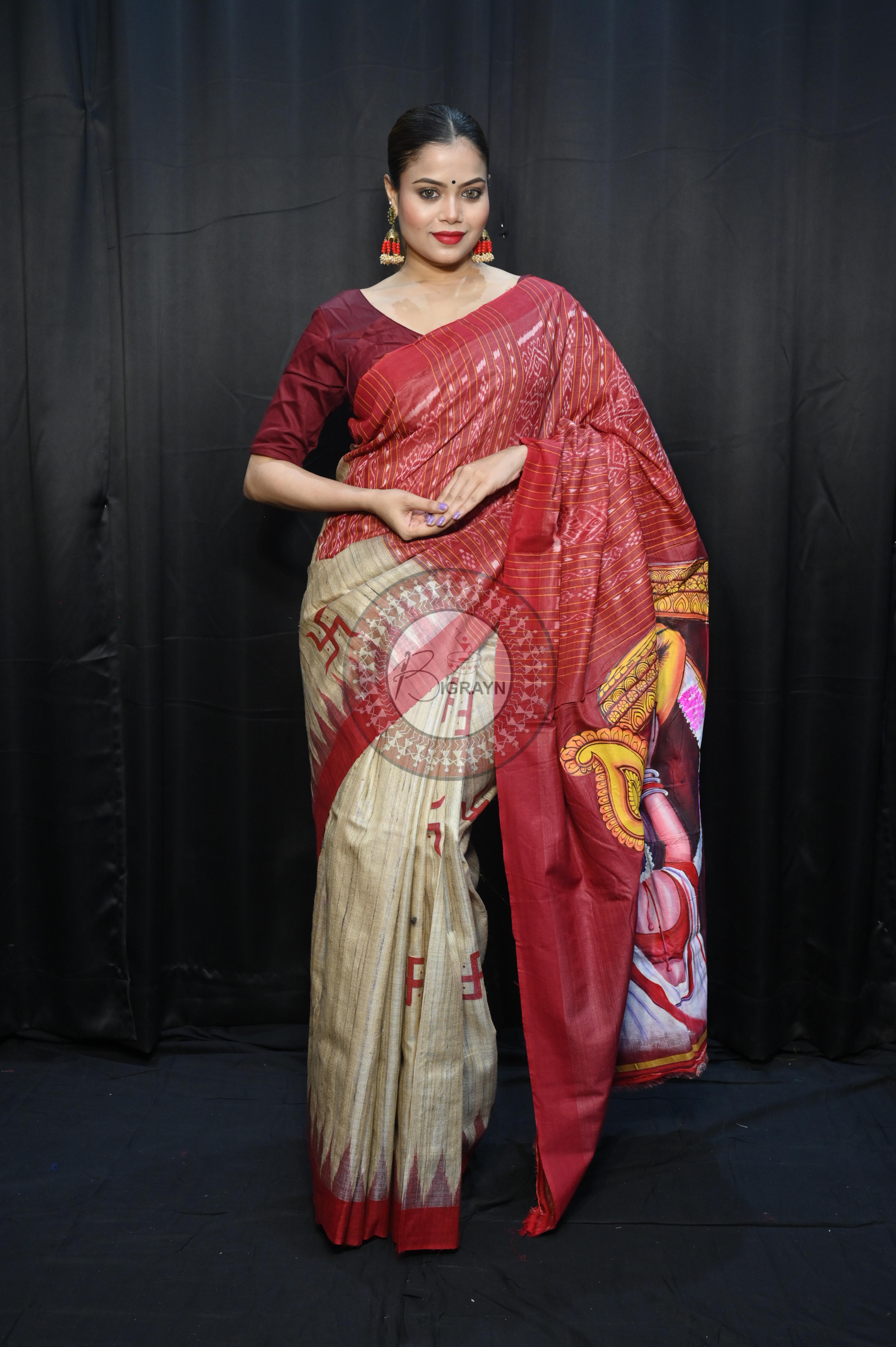 Tussarite Maroon Durga Maa Theme Pattachitra Tussar Silk Saree