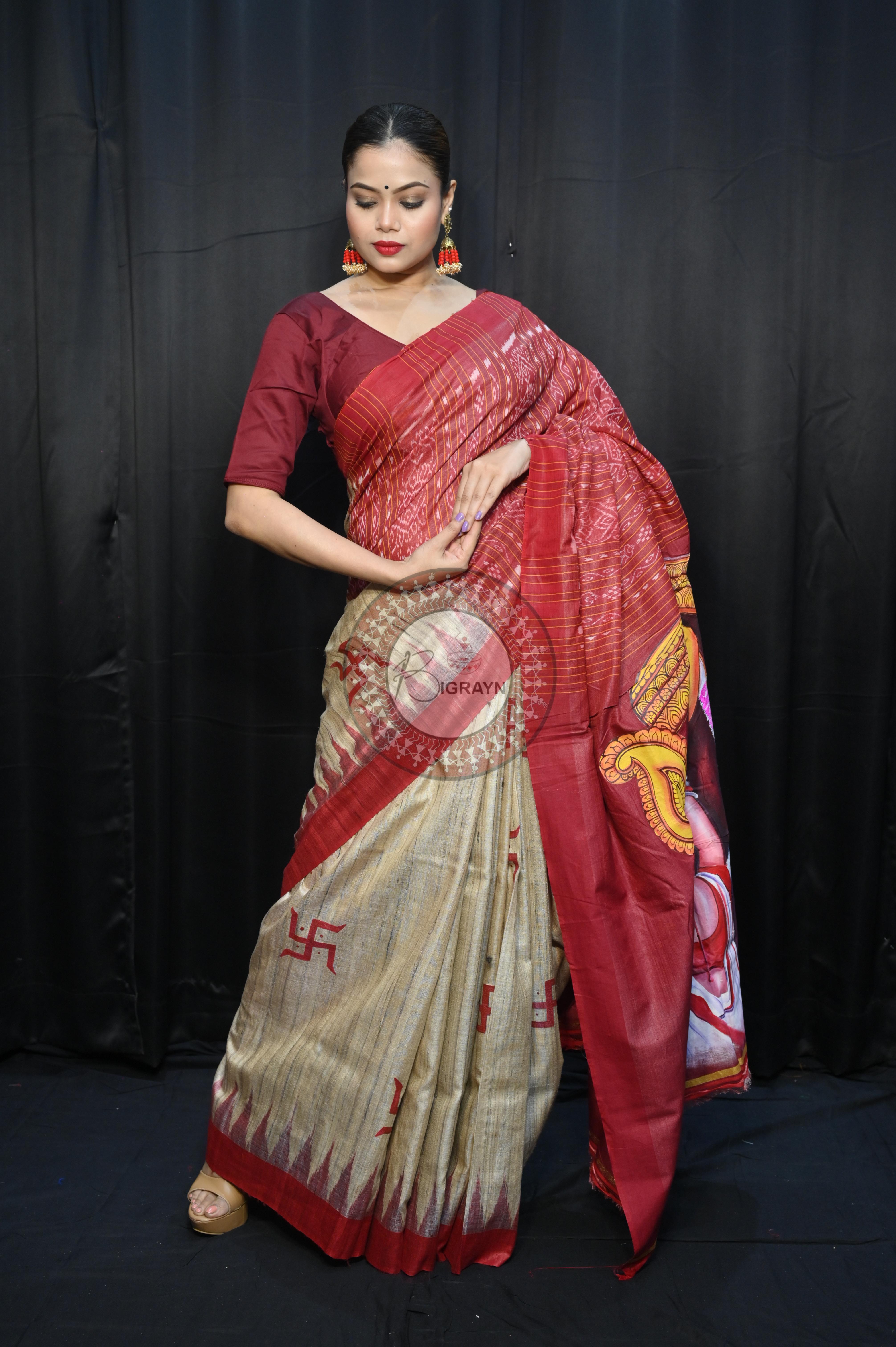 Tussarite Maroon Durga Maa Theme Pattachitra Tussar Silk Saree