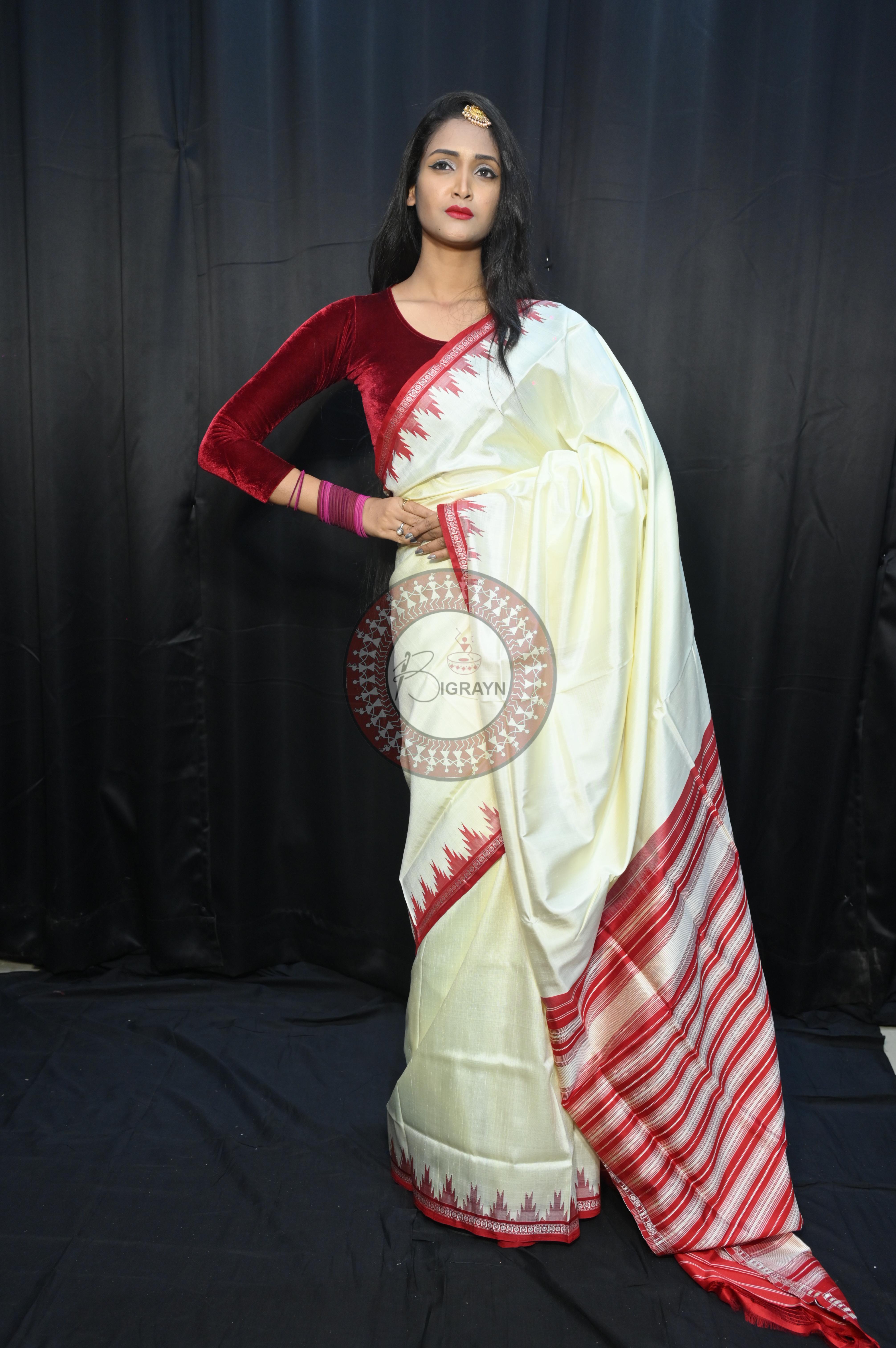 White Red Phoda Kumbha Border Double Anchal Berhampuri Silk Saree