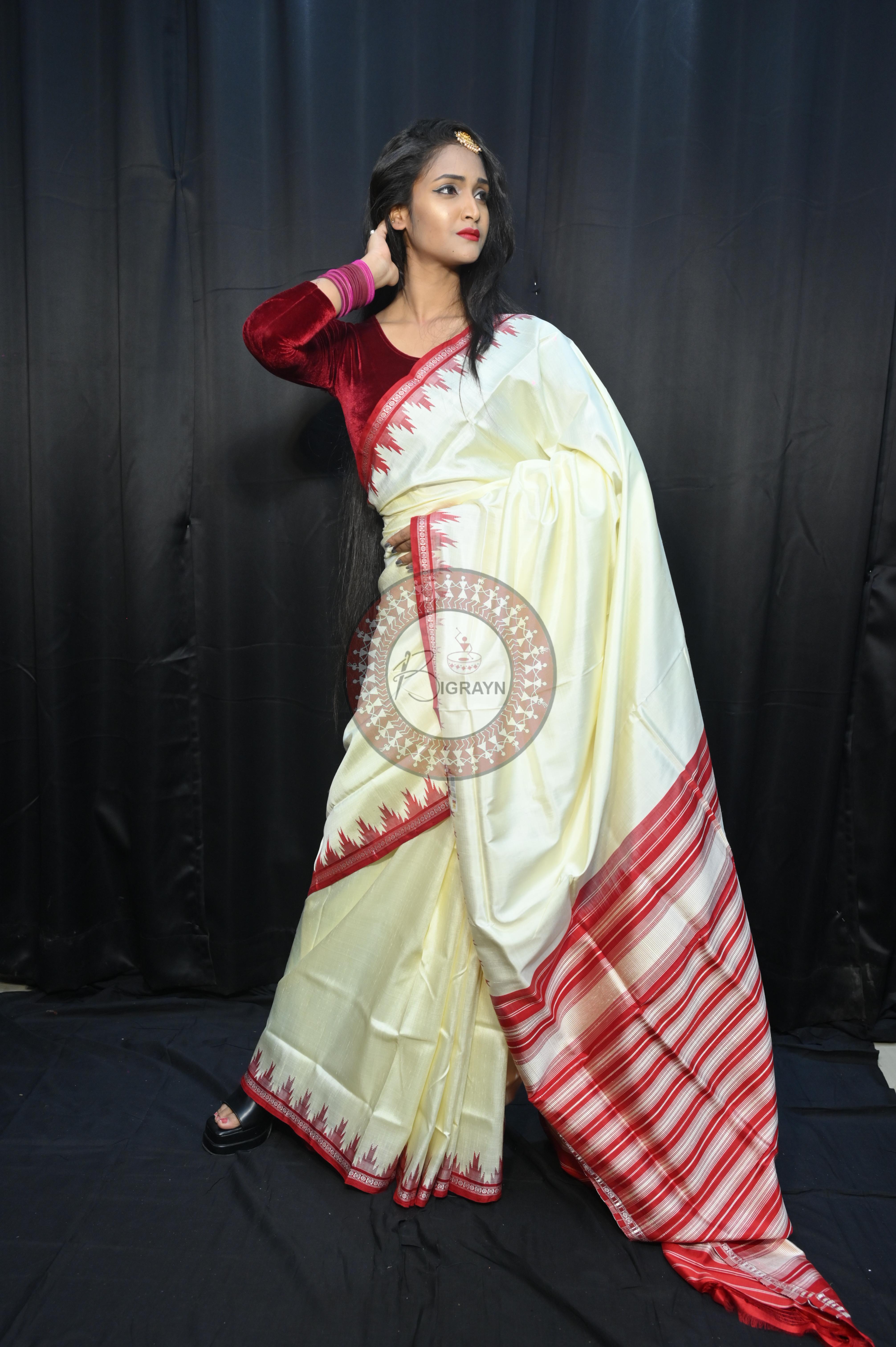 White Red Phoda Kumbha Border Double Anchal Berhampuri Silk Saree
