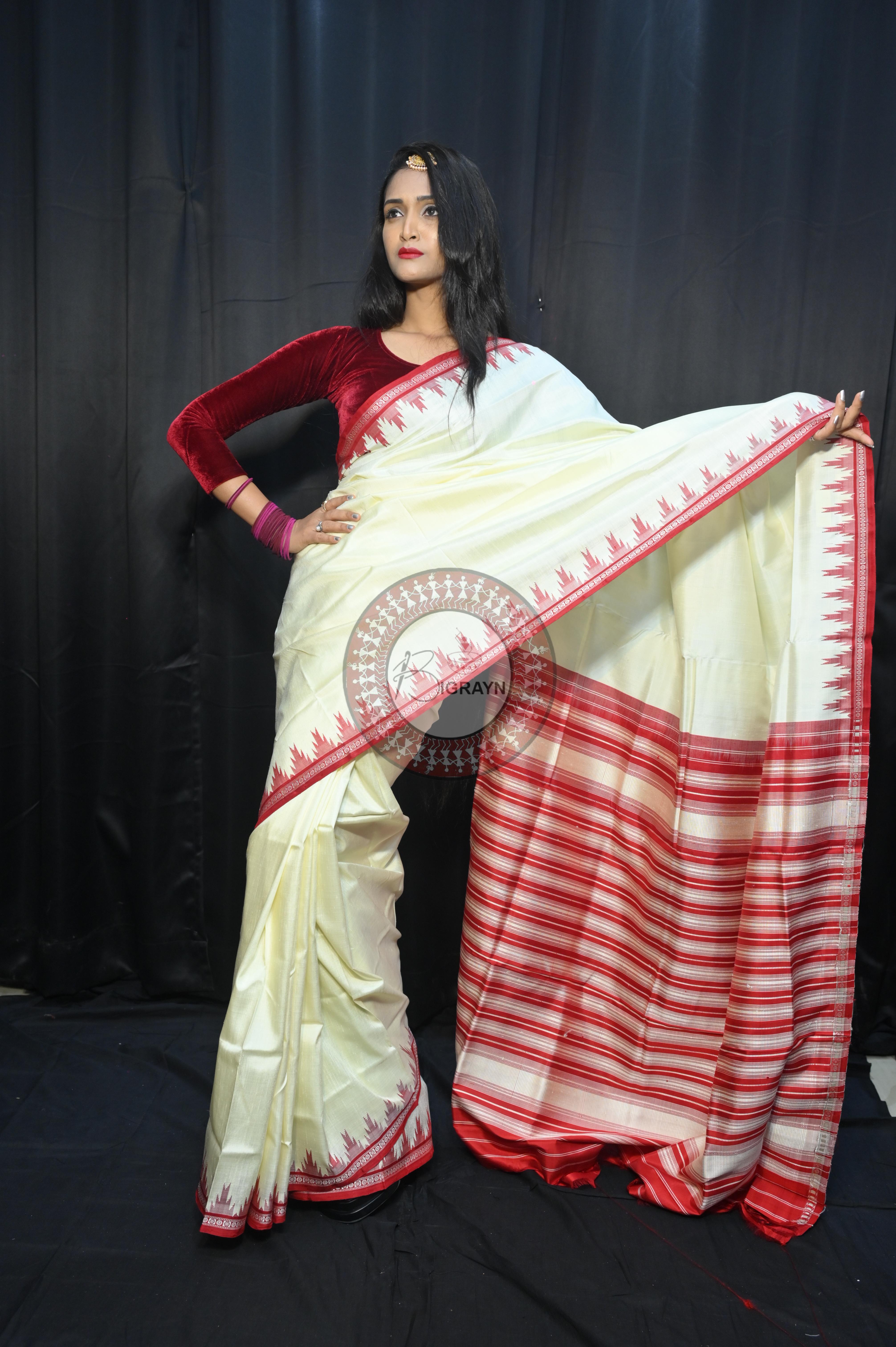 White Red Phoda Kumbha Border Double Anchal Berhampuri Silk Saree