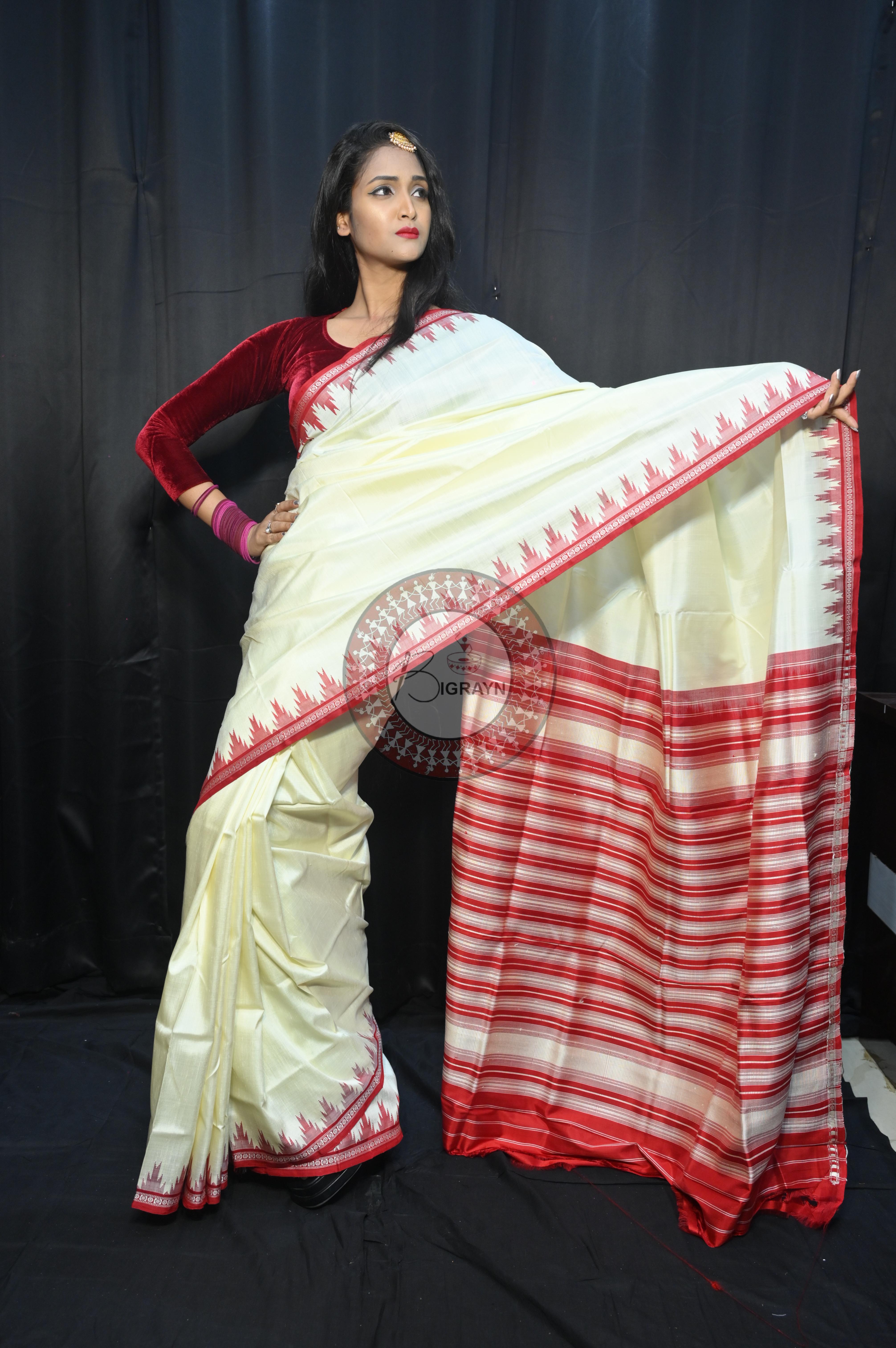 White Red Phoda Kumbha Border Double Anchal Berhampuri Silk Saree