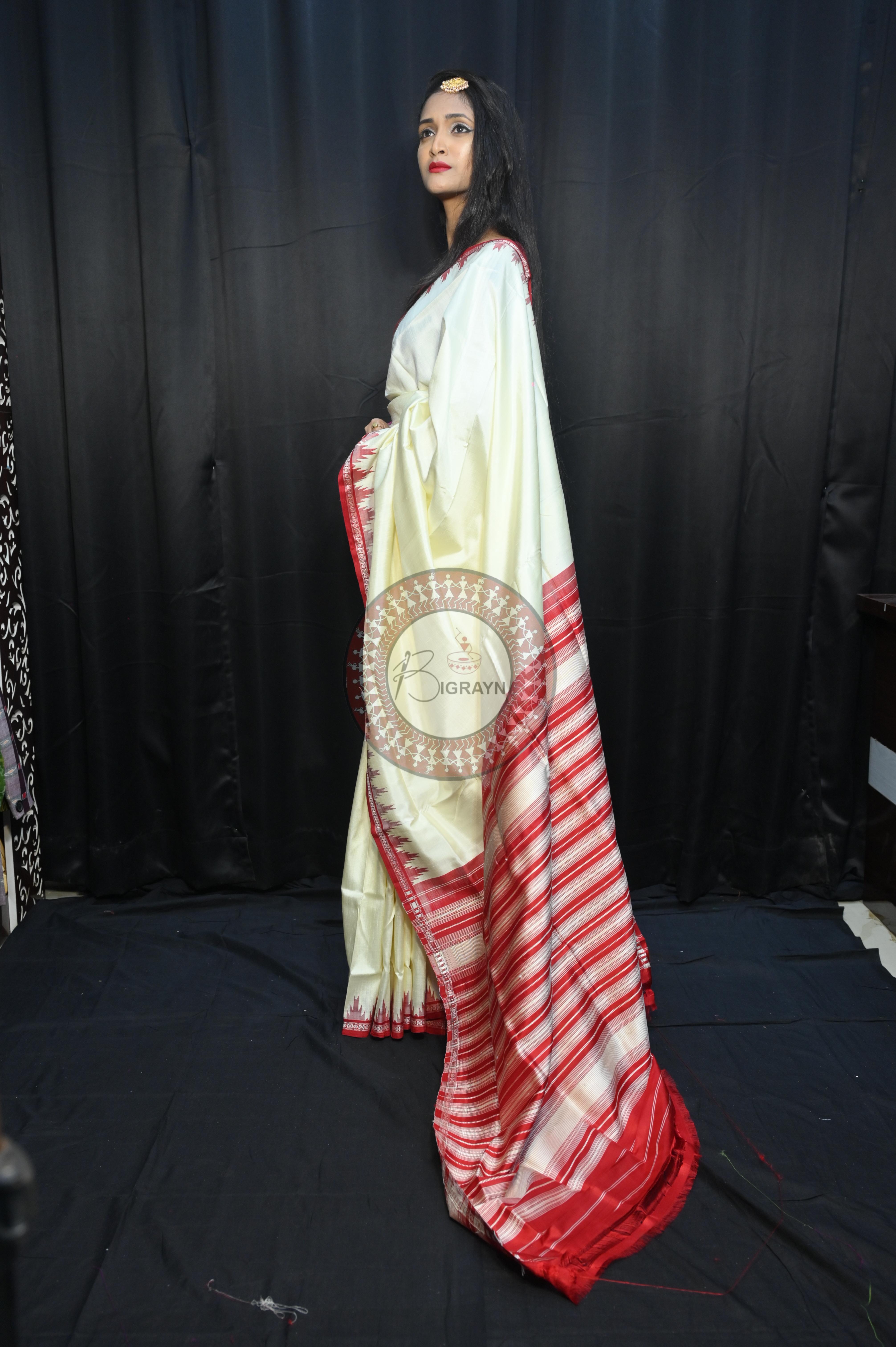 White Red Phoda Kumbha Border Double Anchal Berhampuri Silk Saree