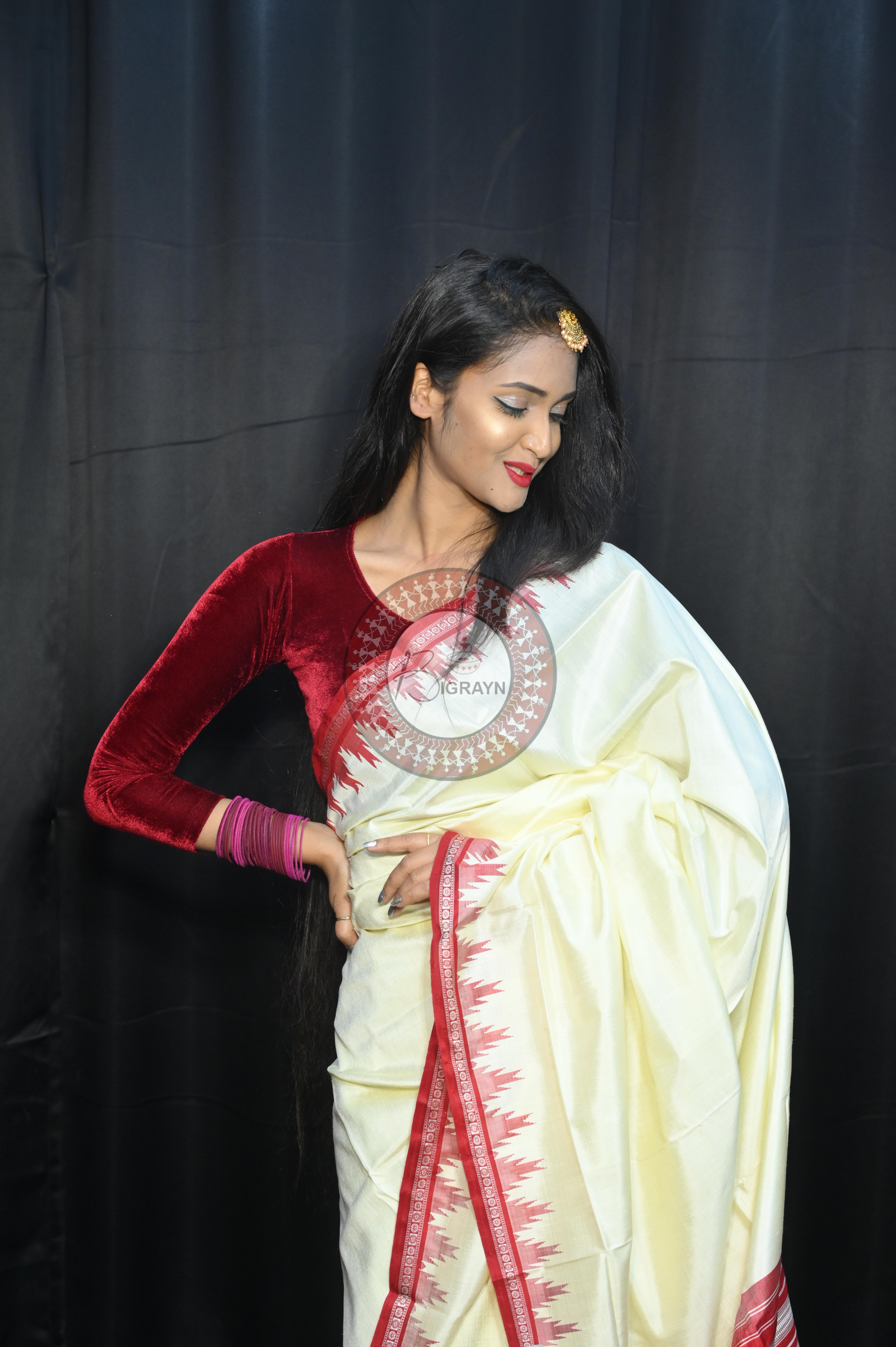 White Red Phoda Kumbha Border Double Anchal Berhampuri Silk Saree