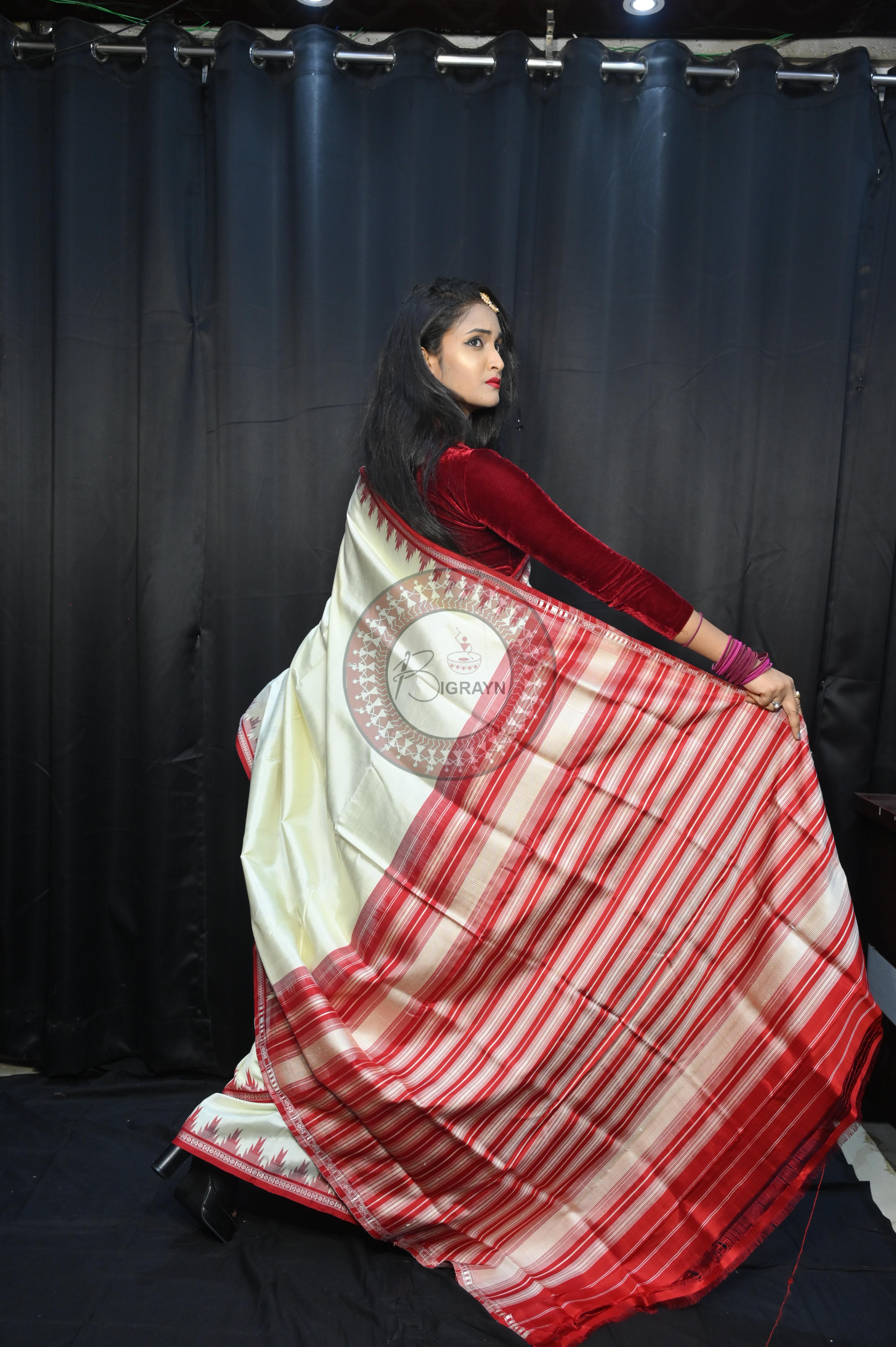White Red Phoda Kumbha Border Double Anchal Berhampuri Silk Saree