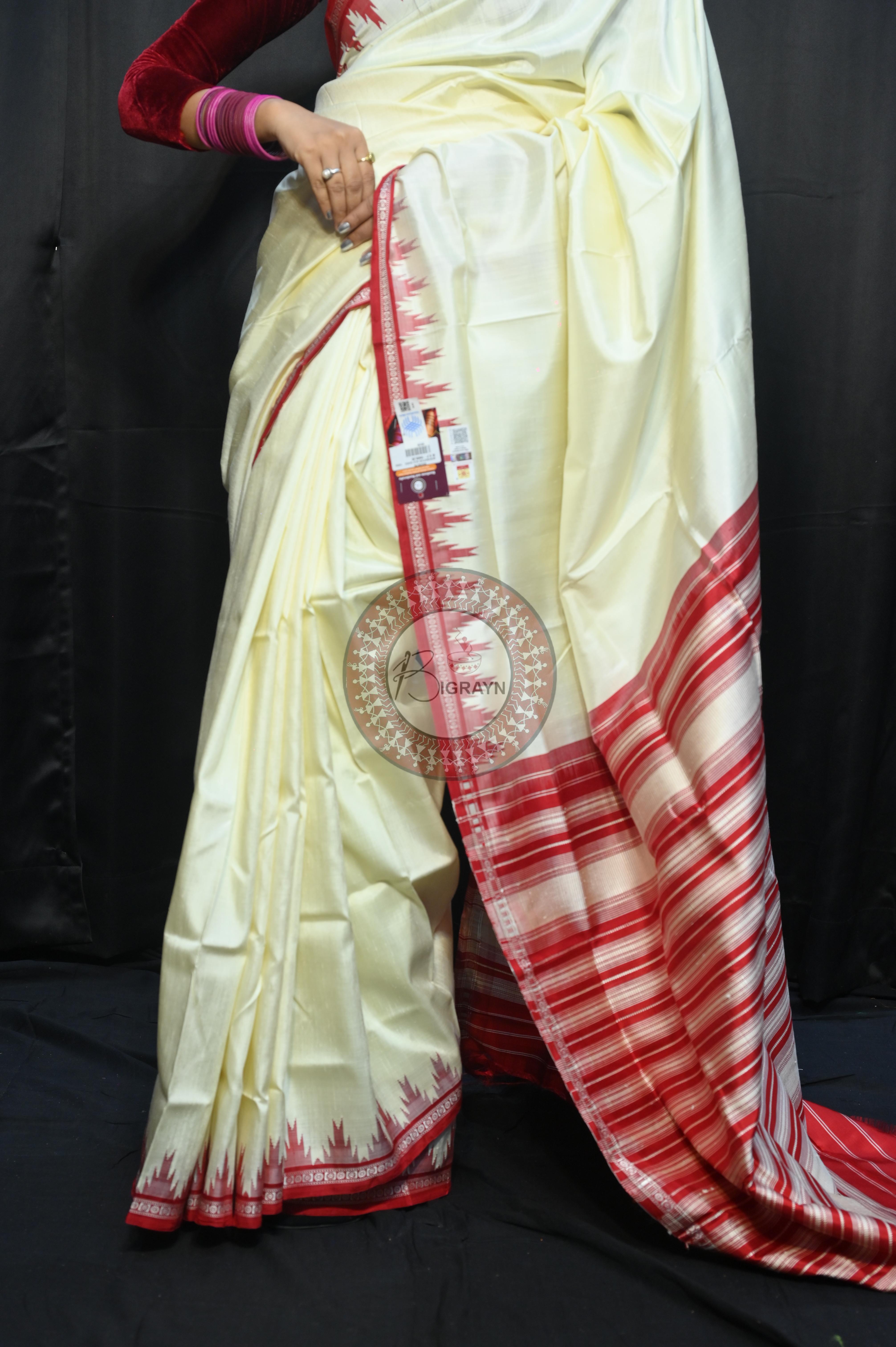 White Red Phoda Kumbha Border Double Anchal Berhampuri Silk Saree