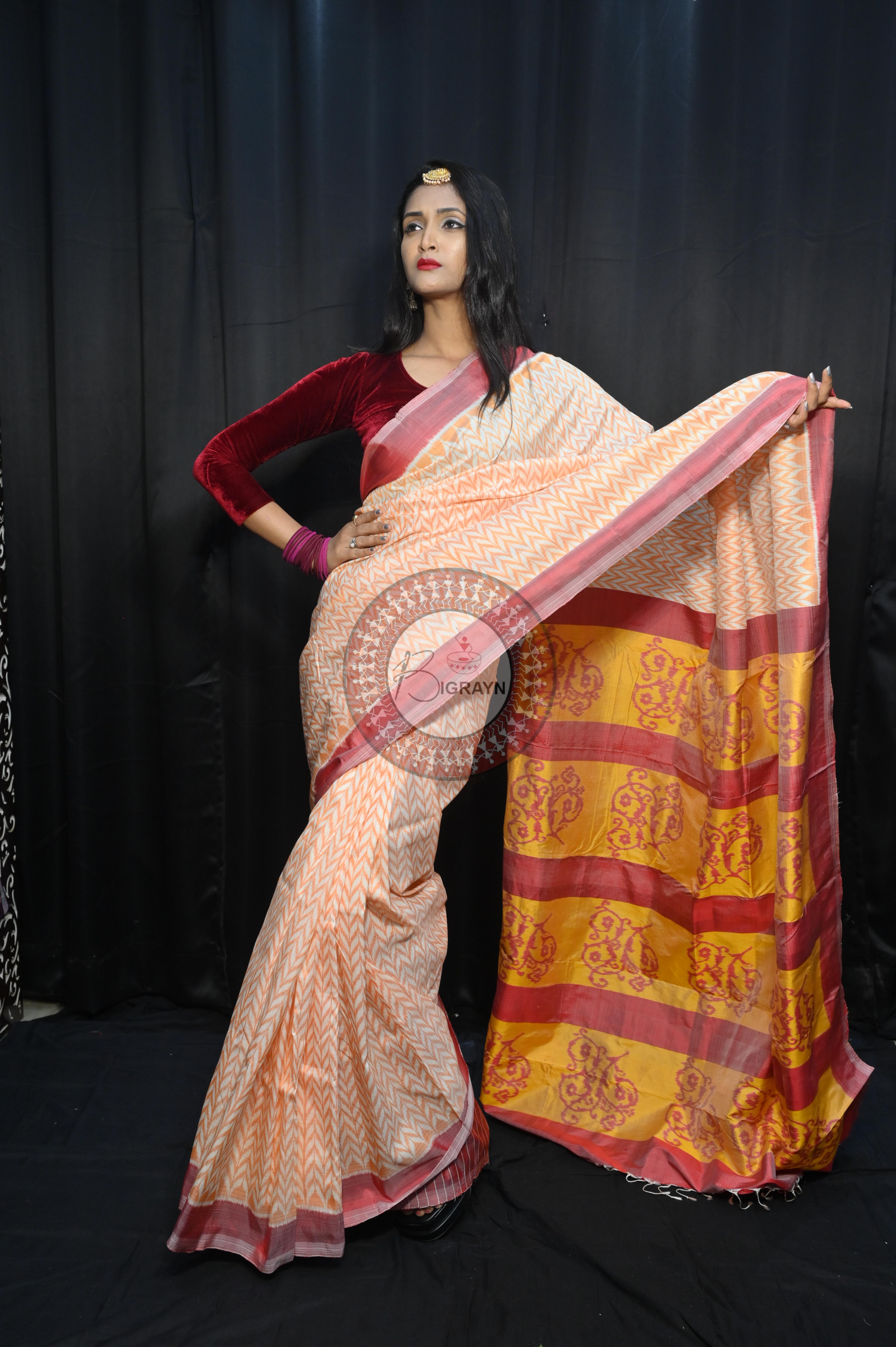 Creame Maroon Arrow Mulberry Silk Saree