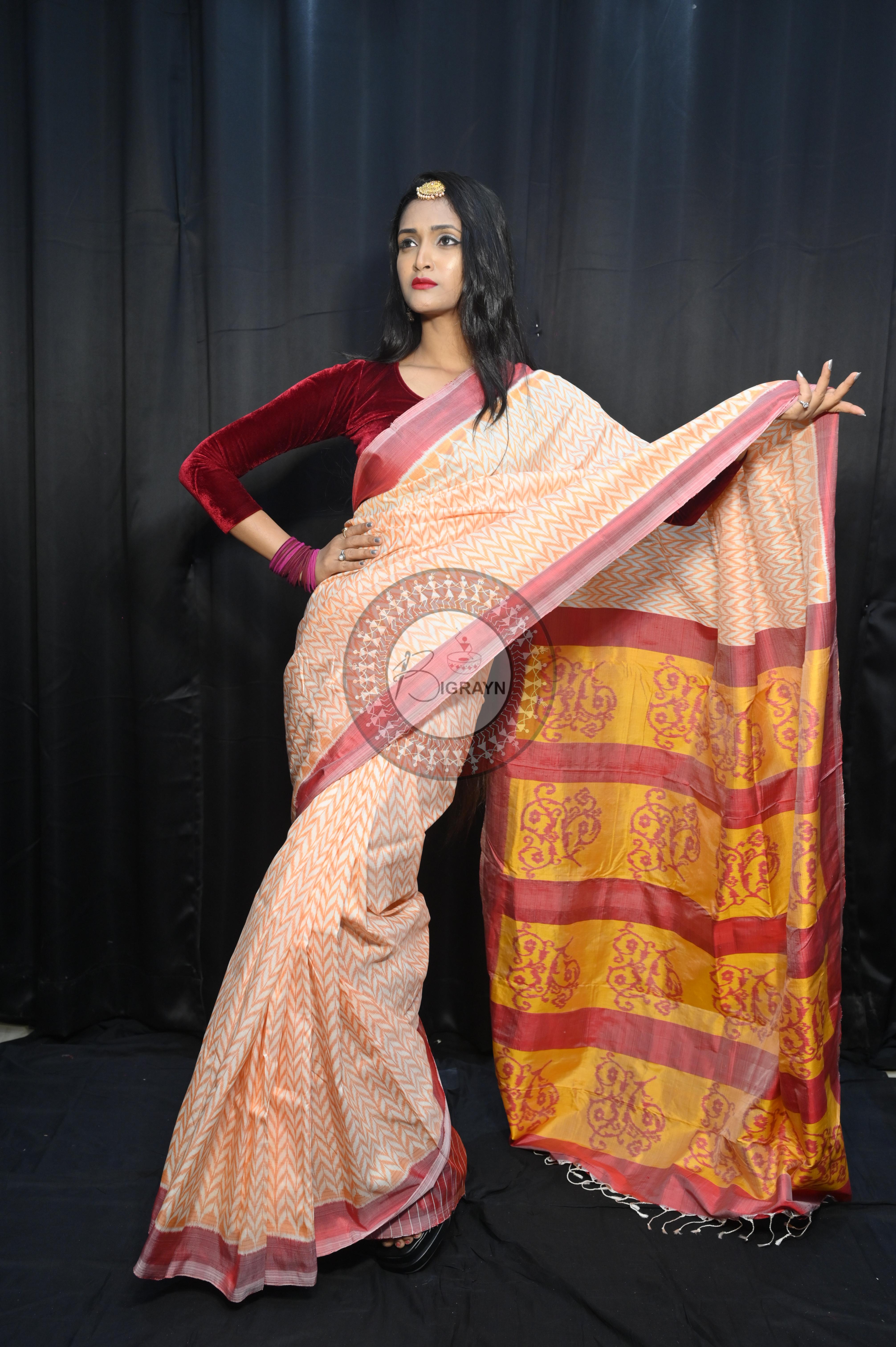 Creame Maroon Arrow Mulberry Silk Saree