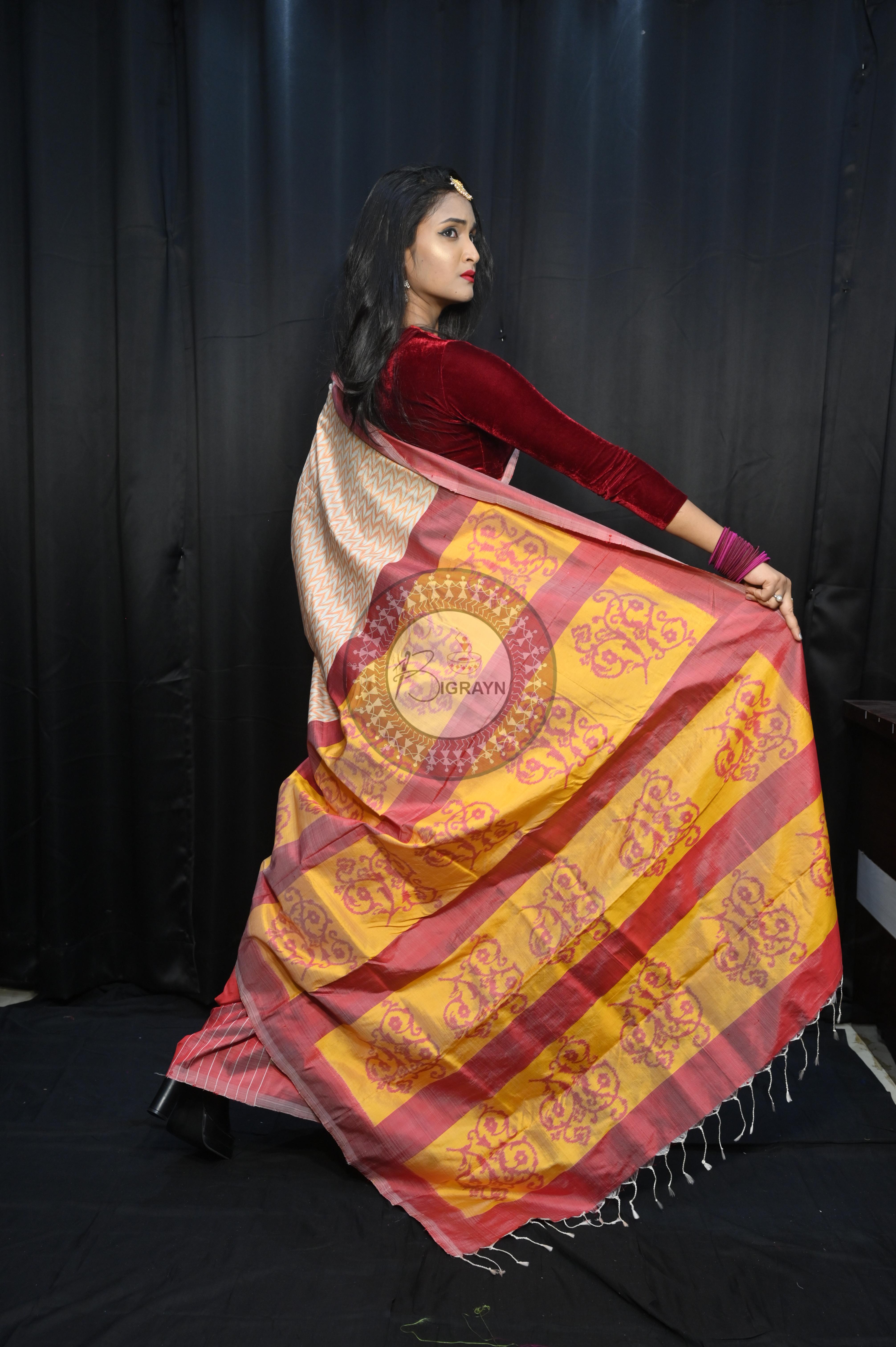Creame Maroon Arrow Mulberry Silk Saree