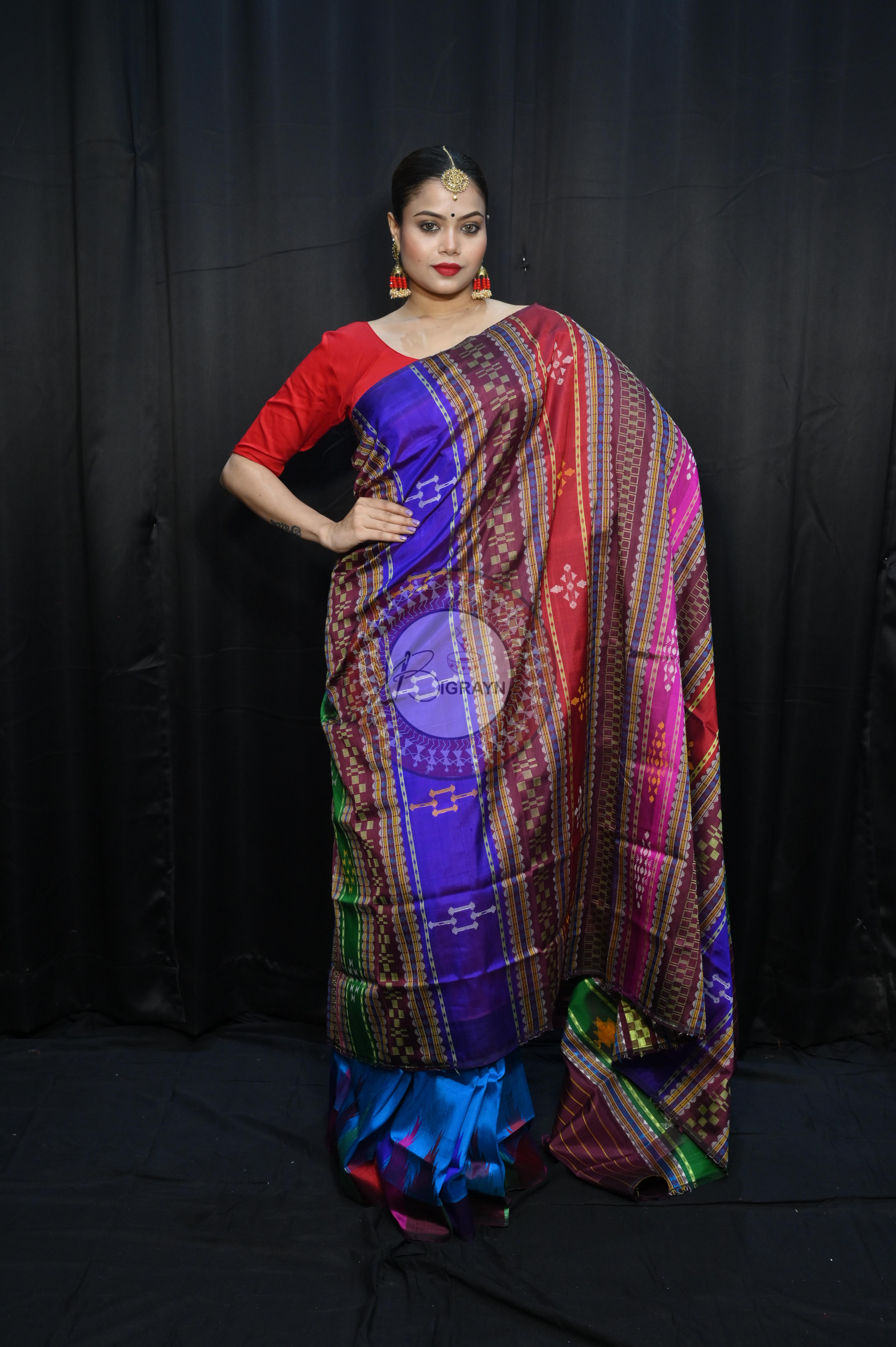 Teal Blue Multi Colour Border Double Anchal Berhampuri Silk Saree