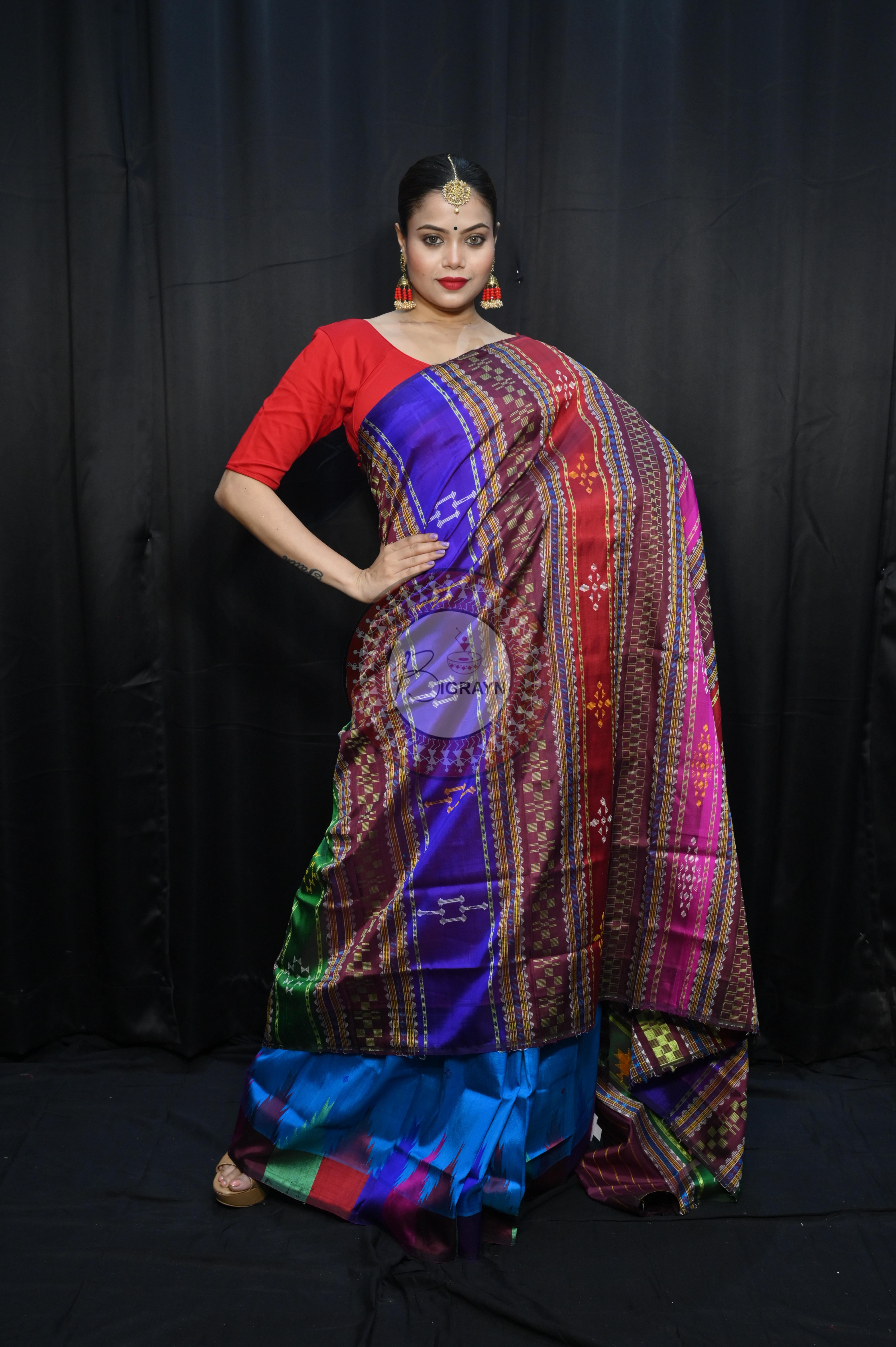 Teal Blue Multi Colour Border Double Anchal Berhampuri Silk Saree