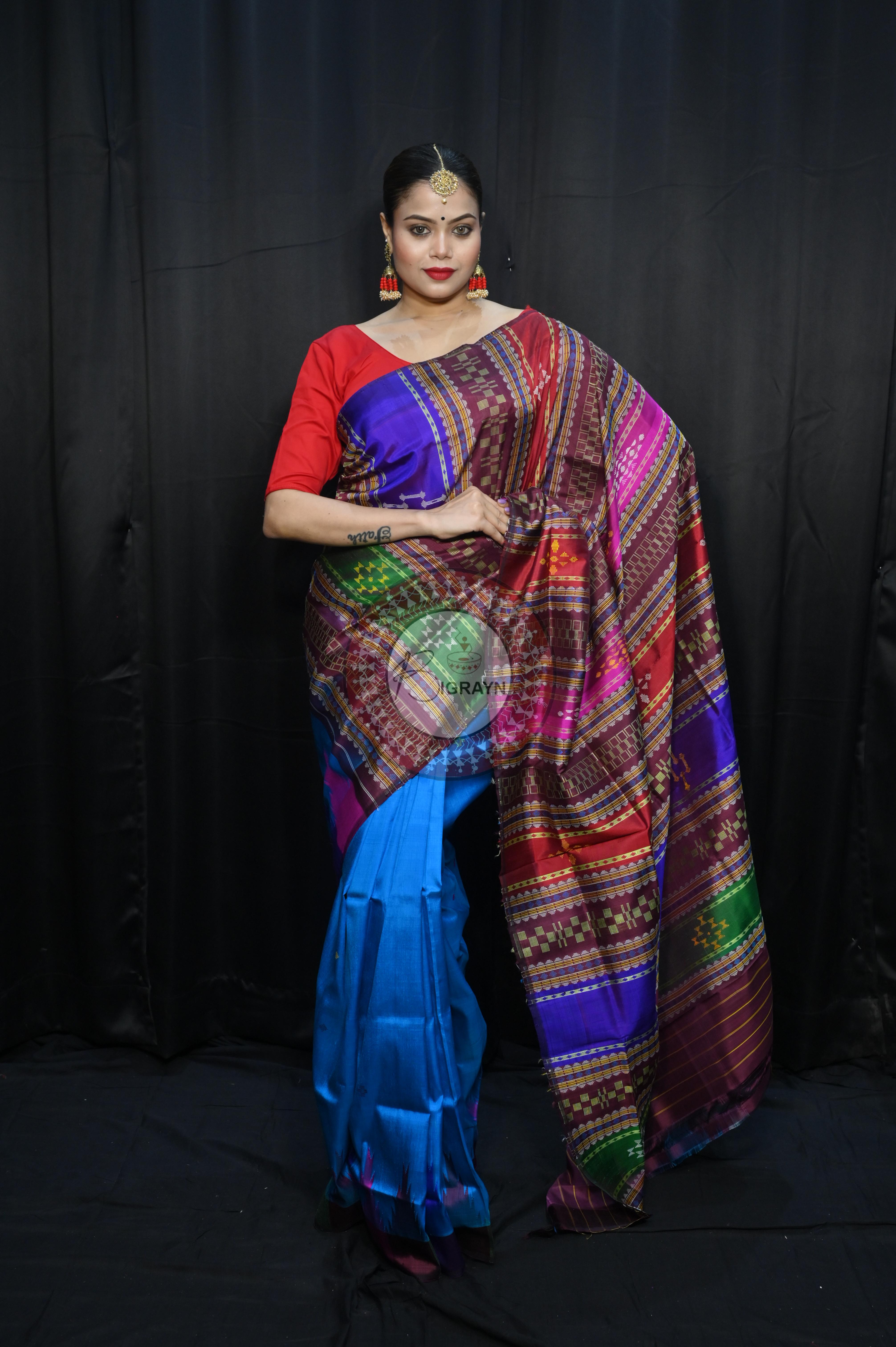 Teal Blue Multi Colour Border Double Anchal Berhampuri Silk Saree