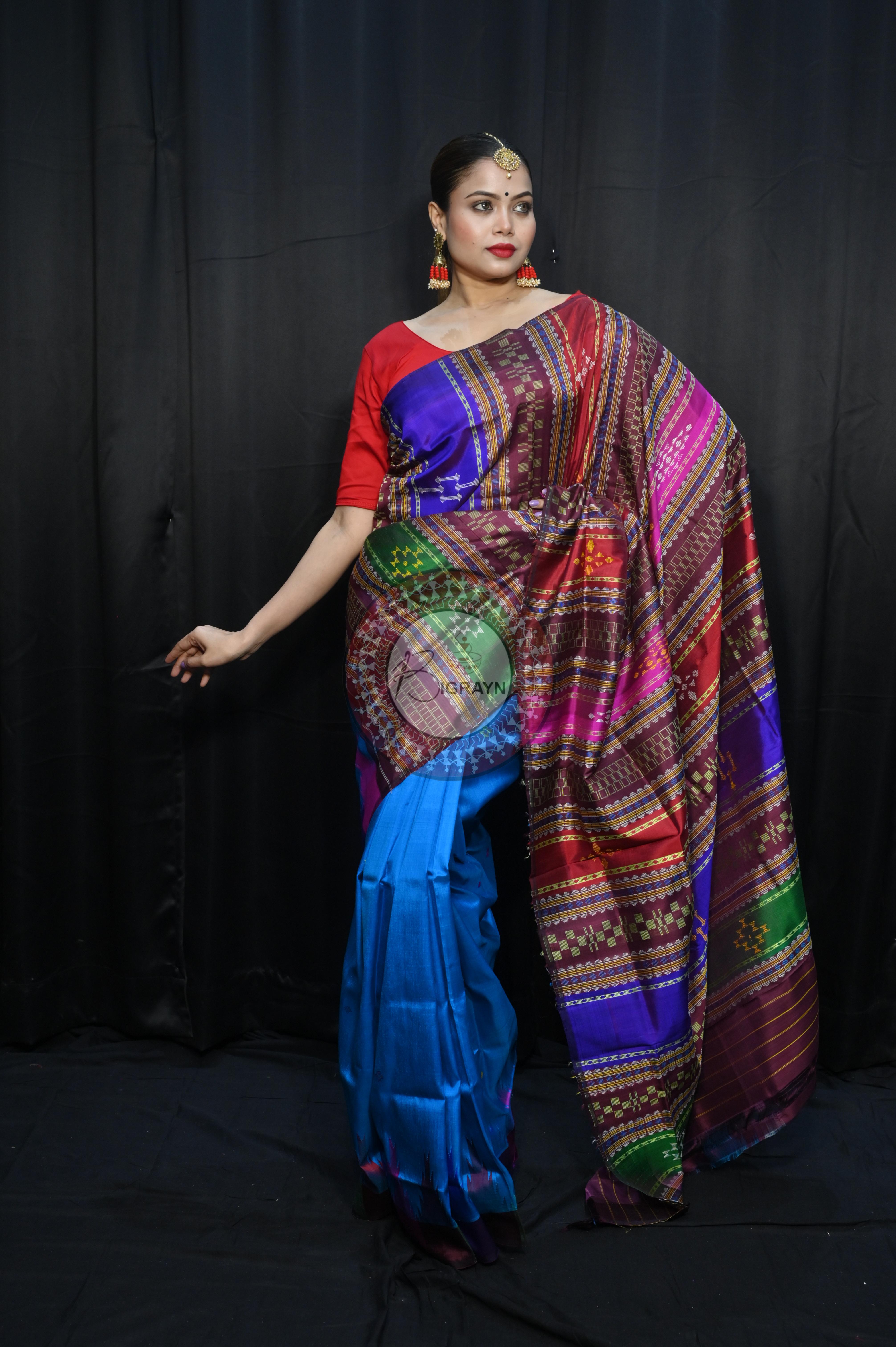 Teal Blue Multi Colour Border Double Anchal Berhampuri Silk Saree