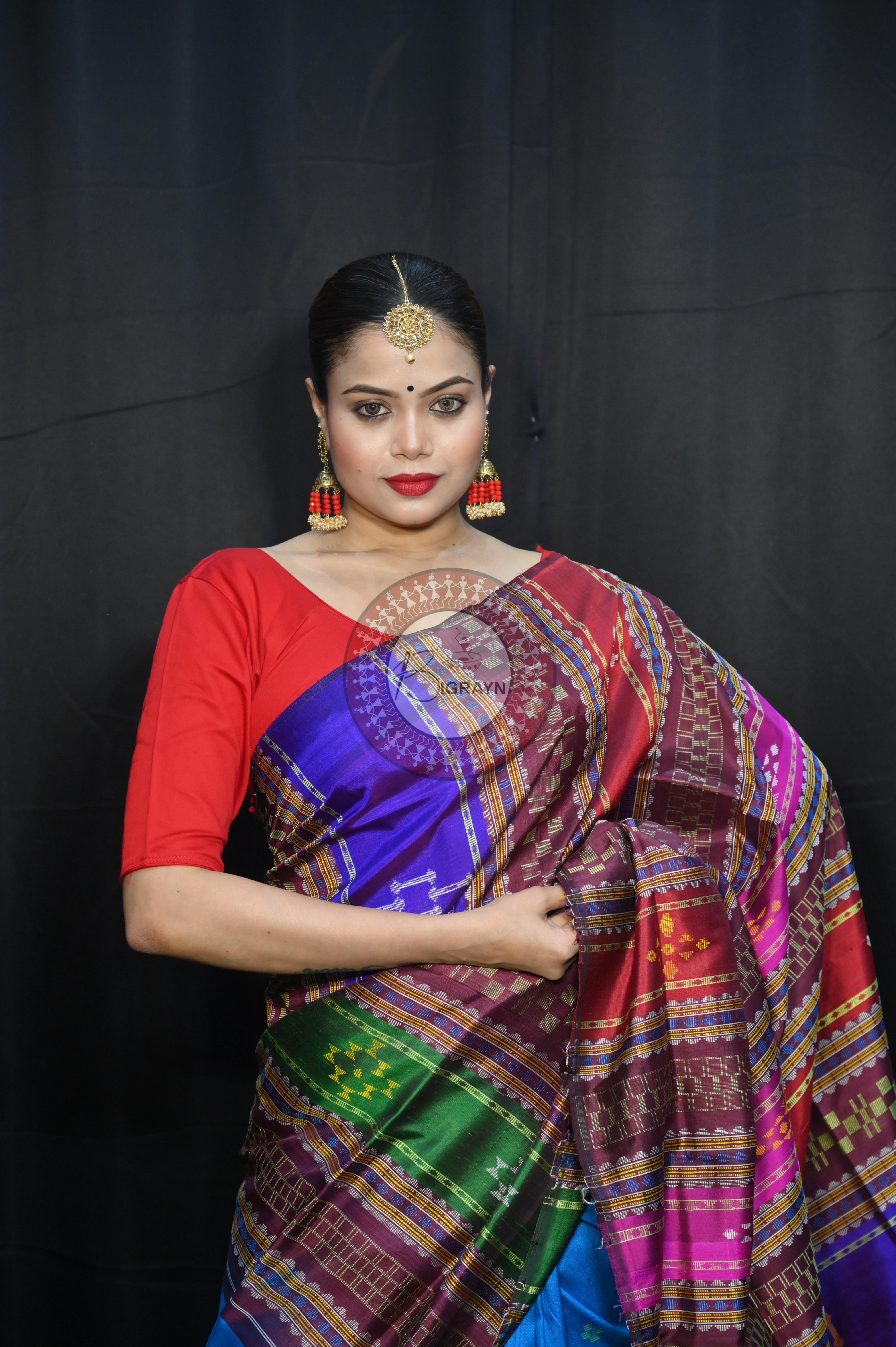 Teal Blue Multi Colour Border Double Anchal Berhampuri Silk Saree