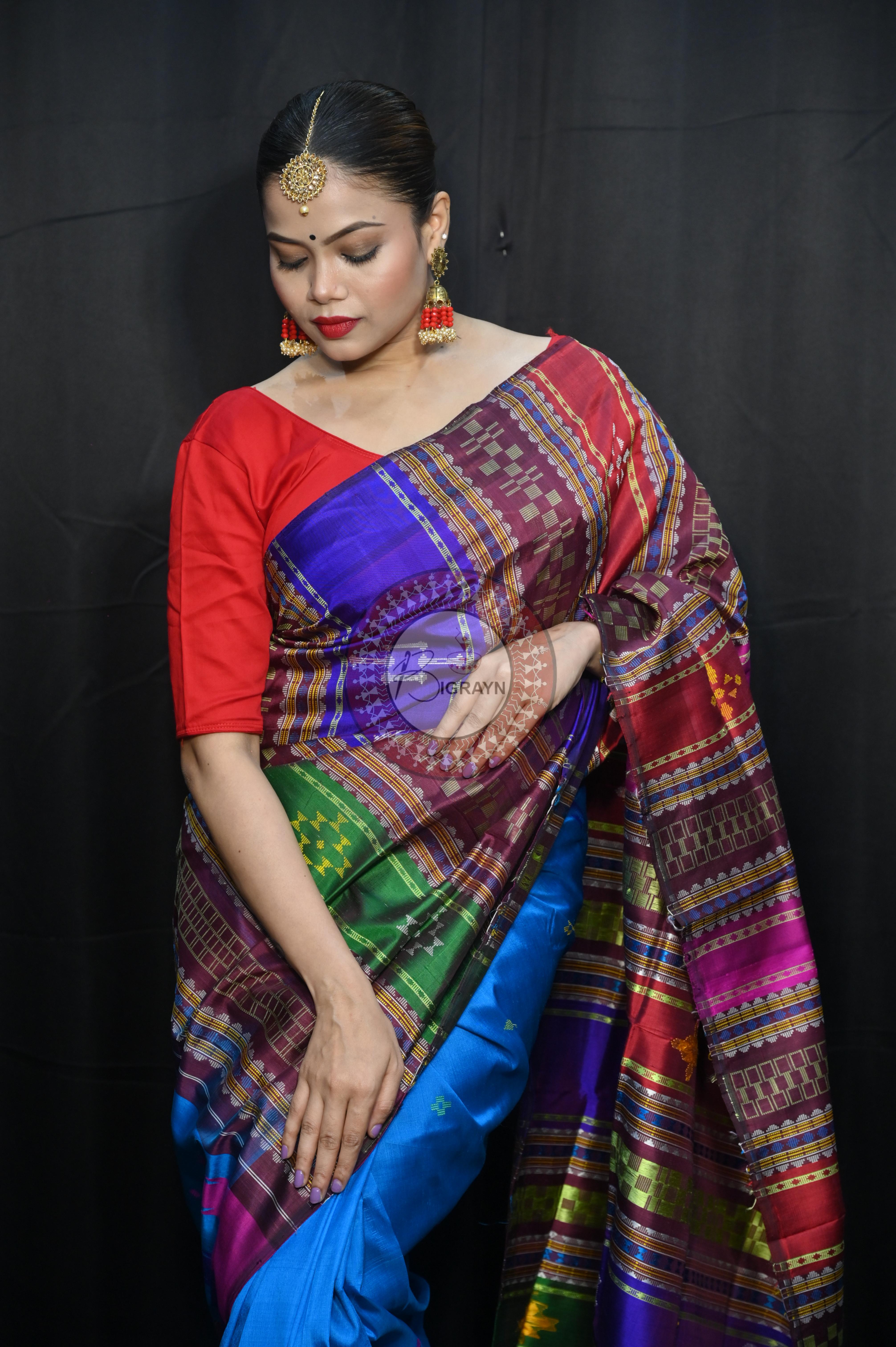 Teal Blue Multi Colour Border Double Anchal Berhampuri Silk Saree