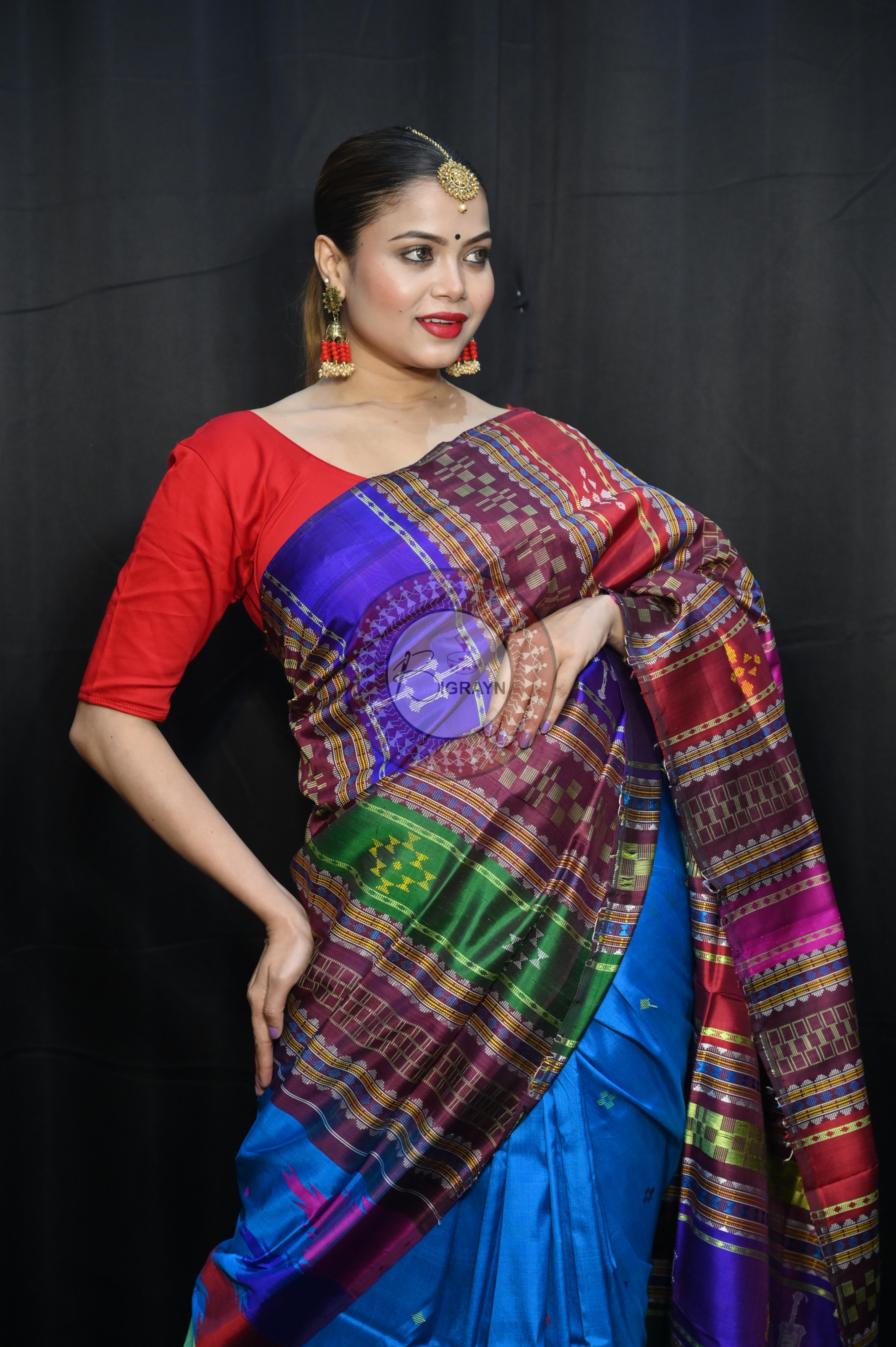 Teal Blue Multi Colour Border Double Anchal Berhampuri Silk Saree
