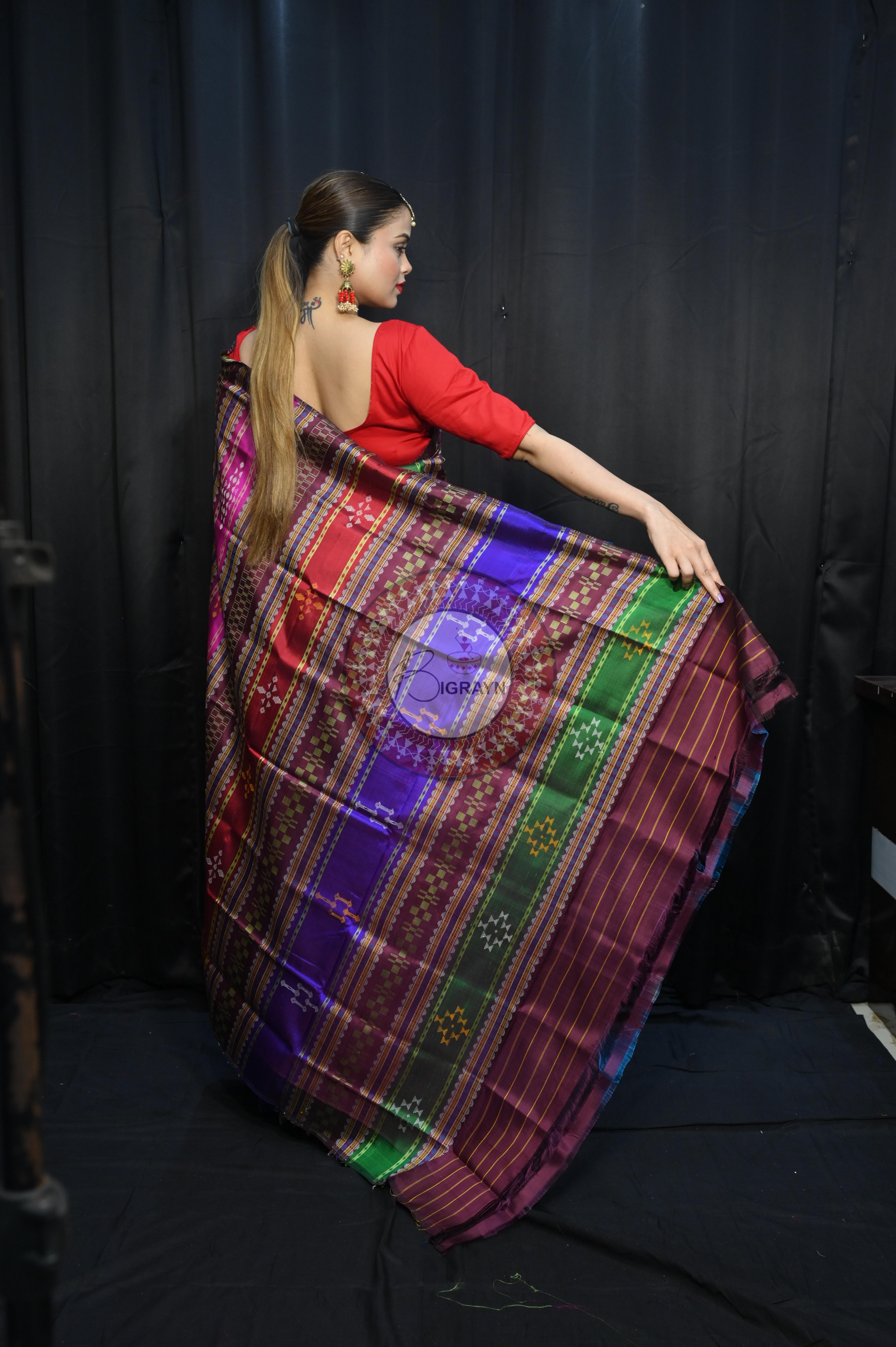 Teal Blue Multi Colour Border Double Anchal Berhampuri Silk Saree